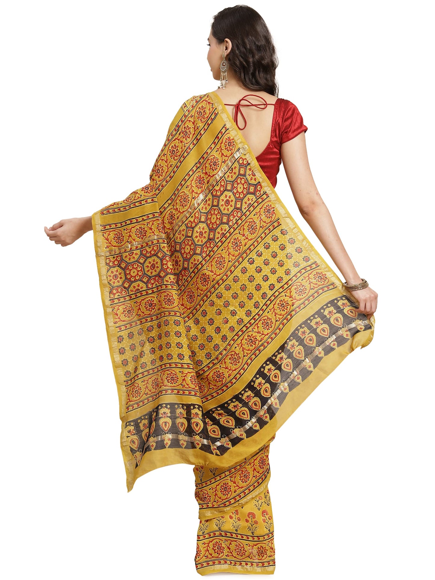 Aditri Women's Handloom Ajrakh on Chanderi Silk Saree with Running Blouse (Multicolored)