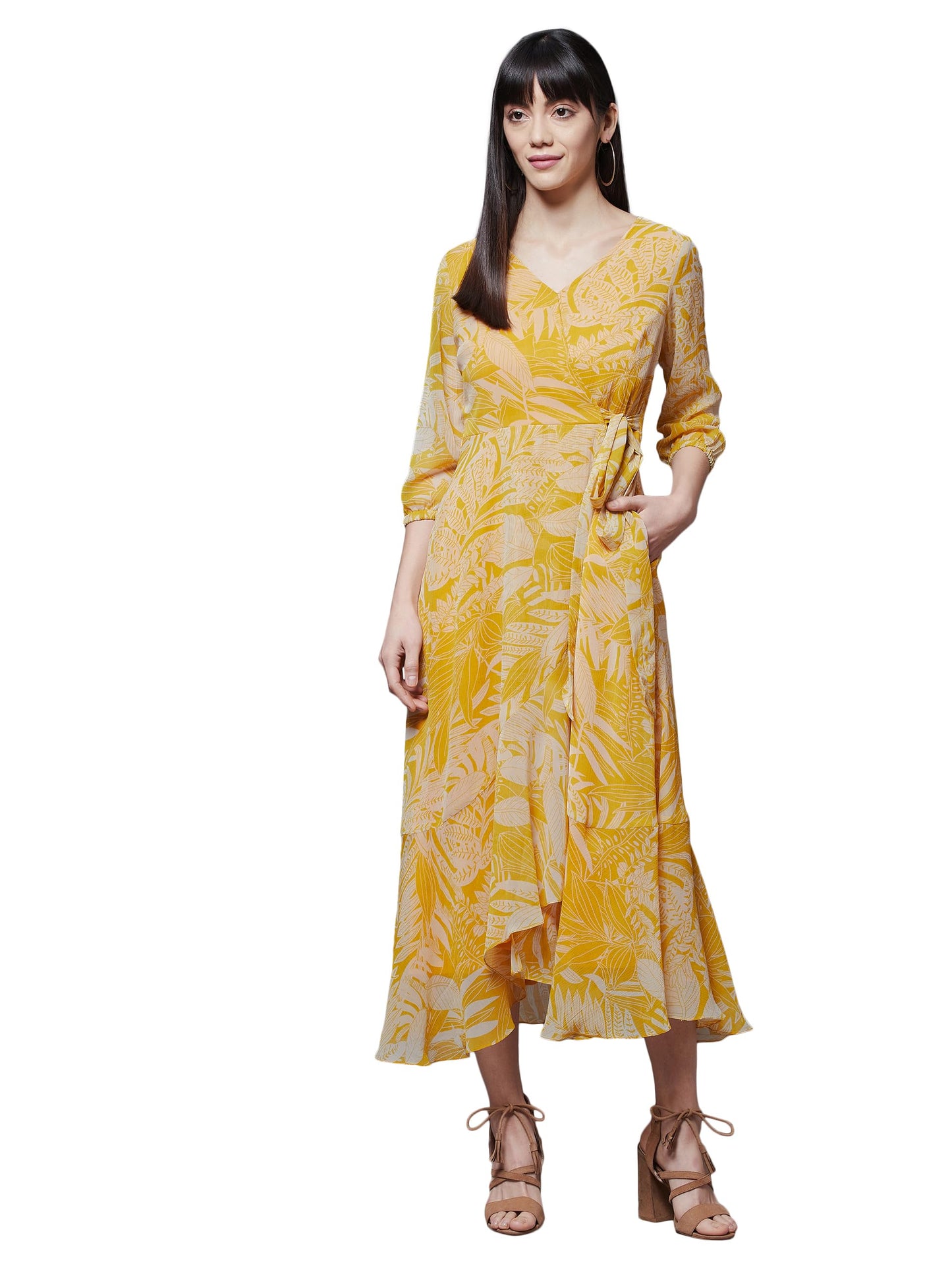 Miss Chase Women's Yellow & White V Neck Full Sleeve Floral Layered Maxi Dress (MCAW21D14-94-37-02, Yellow & White, XS)