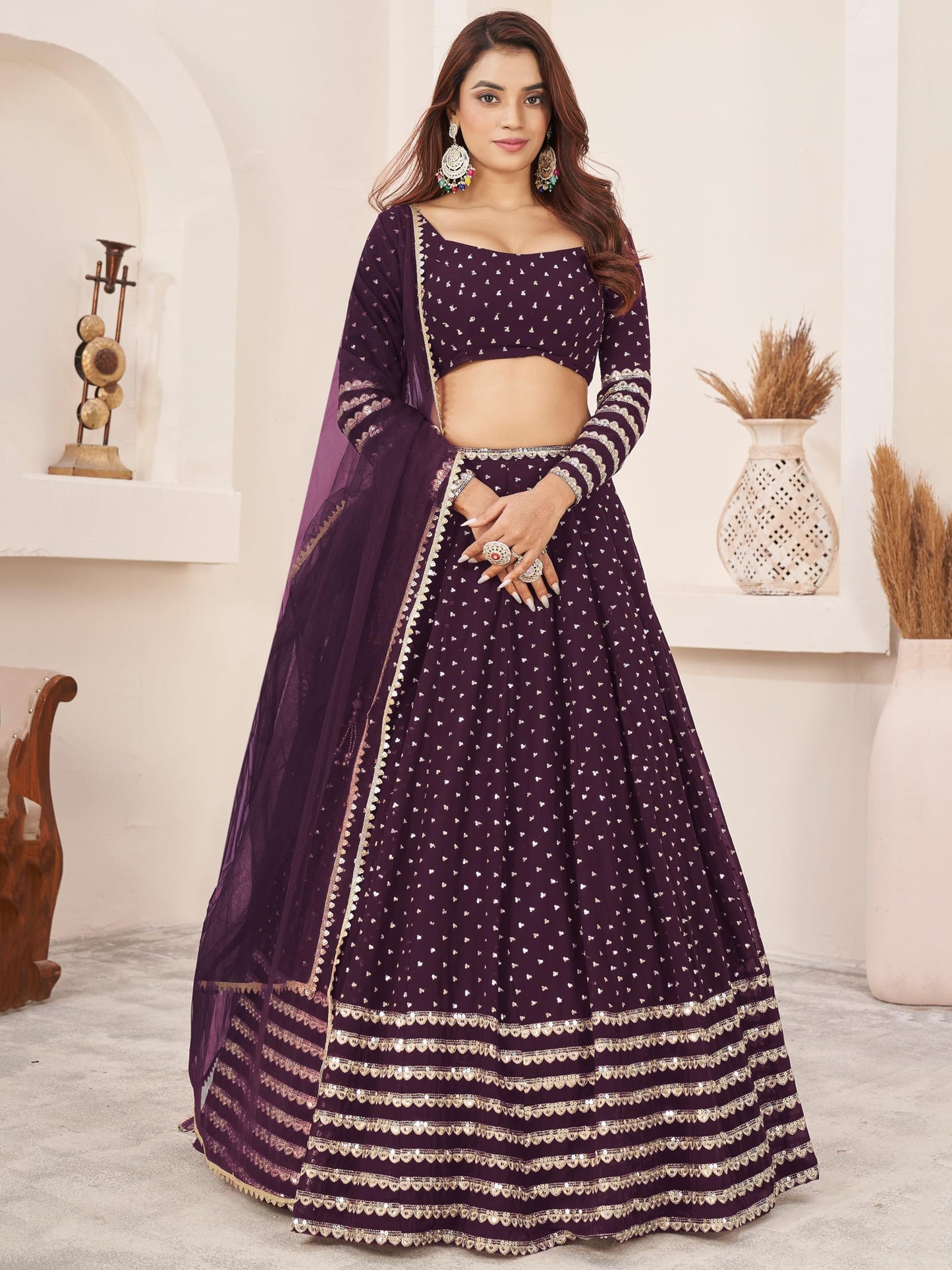 Zeel Clothing Women Sequins Zari Embroidered Georgette Semi-stitched Lehenga Choli With Dupatta (5074-Purple-Wedding-Lehenga-Choli-Latest; Free Size)