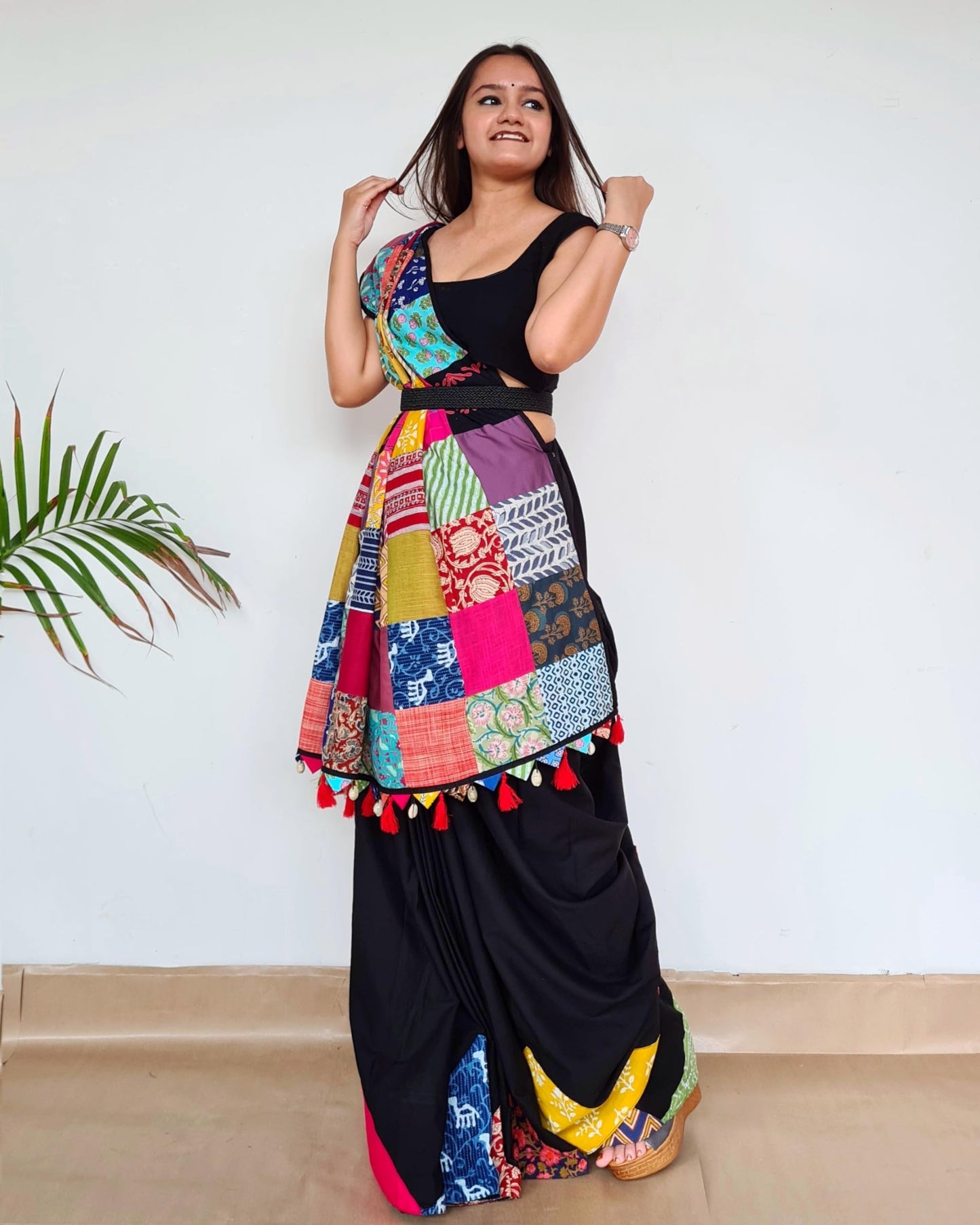Save As Womens Saree Black - Unique 100% Cotton Reclaimed Fabric Saree Without Blouse