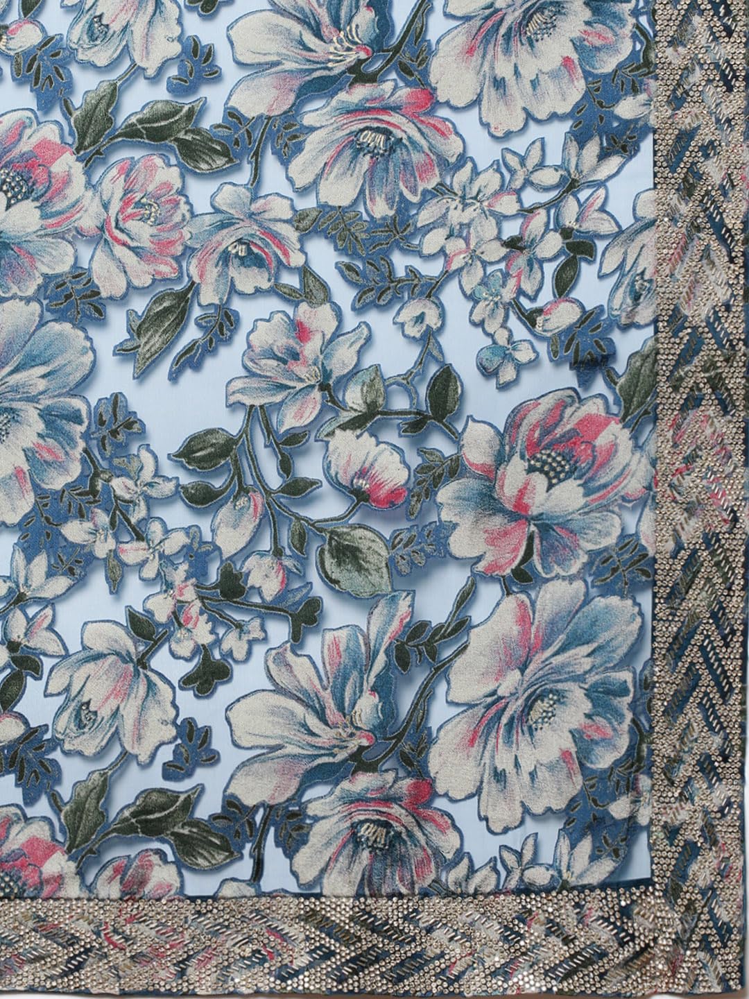 MOHEY Blue Organza EMBROIDERY|Cutdana|Printed|Stone Saree for Women