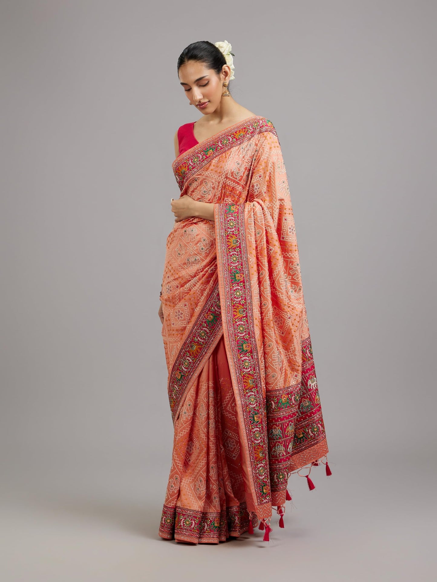 MOHEY Women's Art Silk Thread Work Tribal Design Saree with Blouse Piece(Peach)