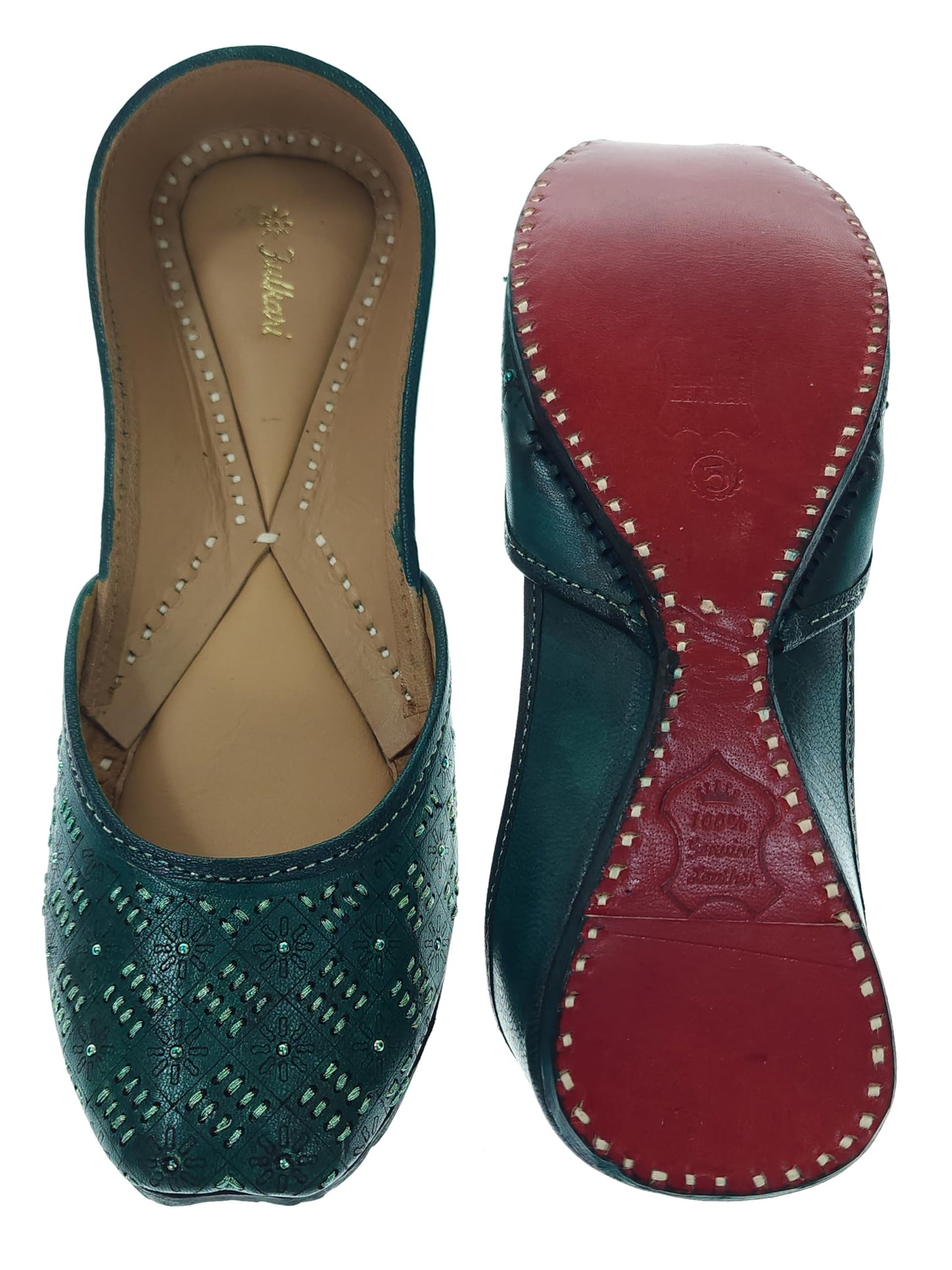 Fulkari Women's 3D Tanka Dark Green Gold Zarriwork Genuine Soft Leather Jutis | Bite and Pinch Free Juttis | Punjabi Jutti | Girl's Office Flat Ladies Mojari | dailywear Ethnic Juti | 36