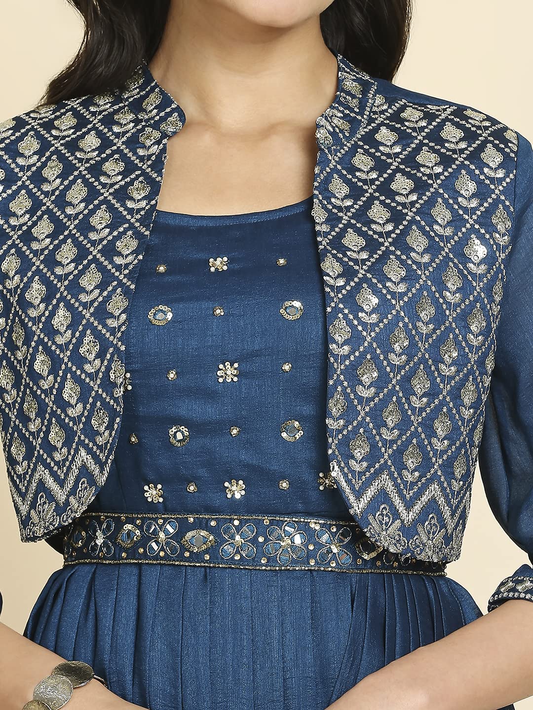 madhuram Women's Long Gown for Solid Silk with Heavy Embroidery and Hand Work Belt and Jacket with Round Neck Gown(M-2424) (in, Alpha, 4XL, Regular, Blue)