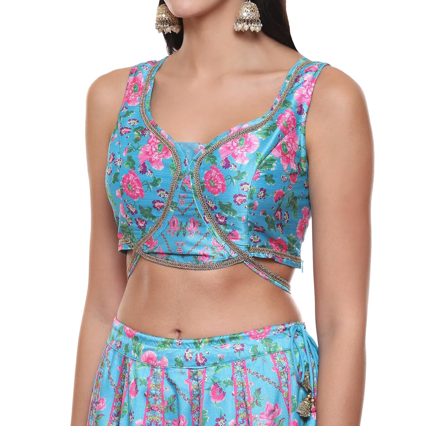 BIBA Womens Polyester Blend Printed Straight Lehenga Set(Skdassorted9040_Turquoise_M) Readymade Turquoise M