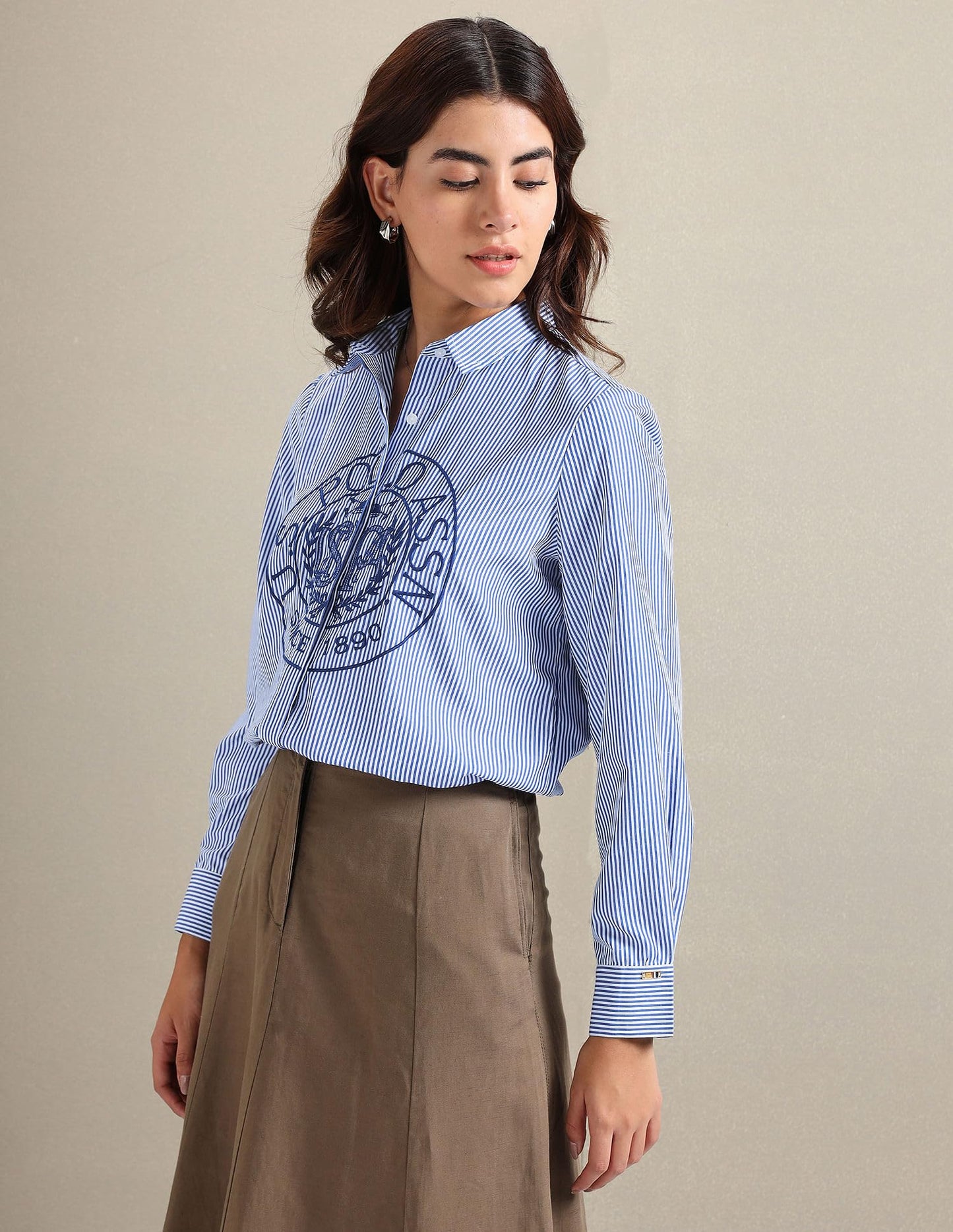 U.S. POLO ASSN. Women's Vertical Stripe Embroidered Shirt (UWAW23SH040_Blue_XL)