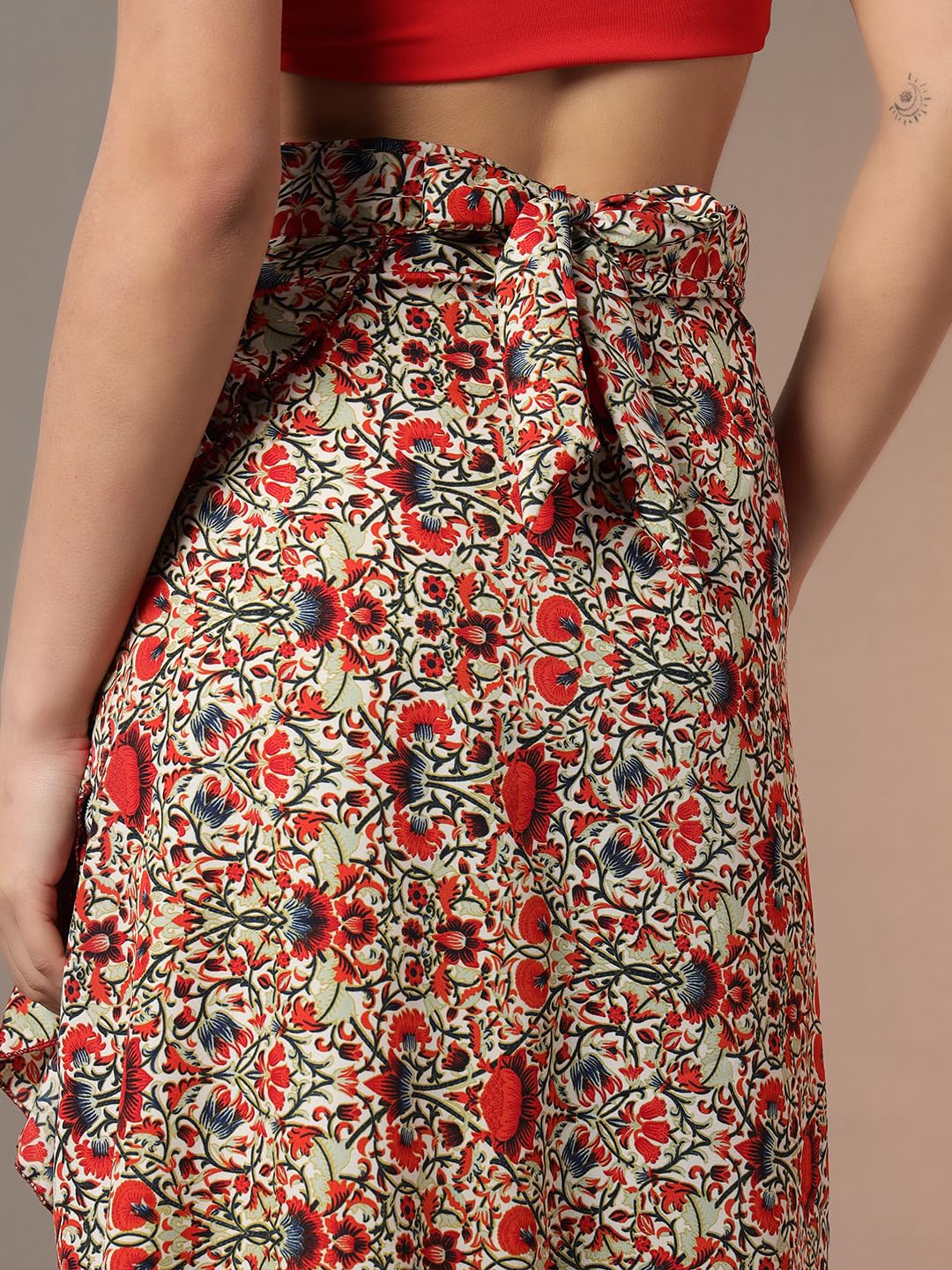Trend Arrest.ed Women's Floral High-Low Midi Skirt | Ruffle Wrap Skirt | Summer Casual Wear, Plus Sizes (Red, L)