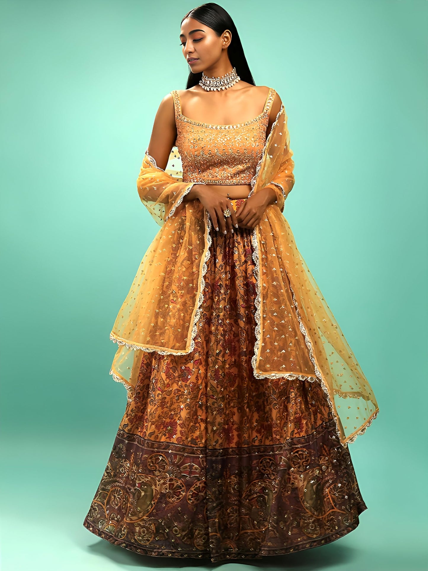 Zeel Clothing Women's Chinnon Silk Embroidered Semi-Stitched Lehenga Choli with Dupatta (106-Yellow-Wedding-Bridal-Latest-Lehenga; Free Size)