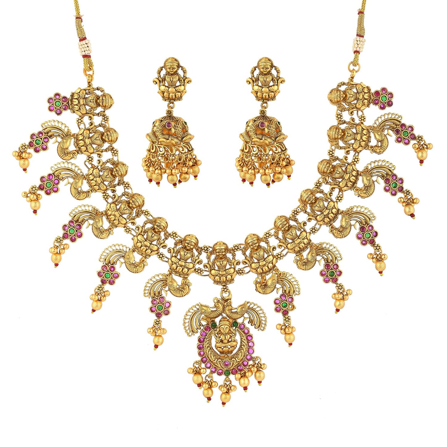 VOYLLA Faux Pearls and Kundan Adorned Brass Temple Jewellery Set