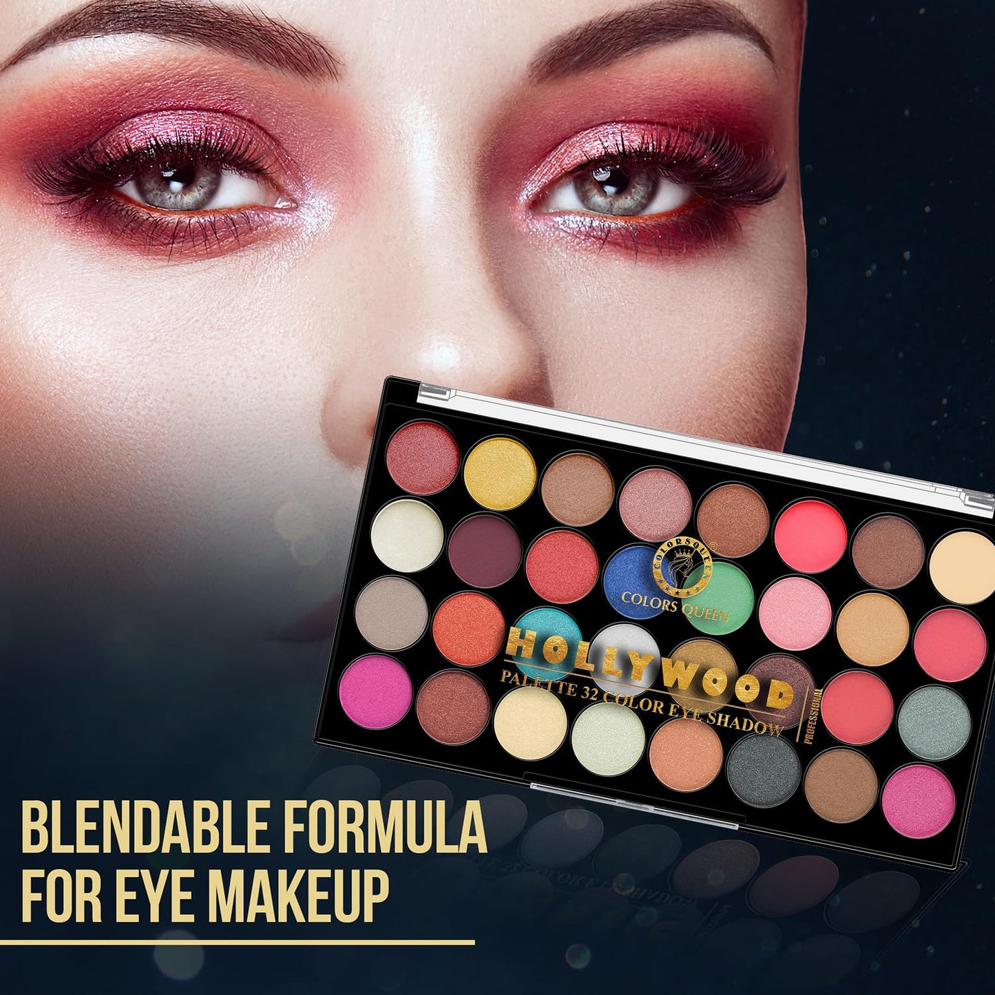 Colors Queen 32 Multicolor Hollywood Eyeshadow Palette | Matte and Shimmery Shades, Long Lasting & Easy to Blend | Highly Pigmented Eyeshadow Palette for Eye Makeup (02 - Hollywood, 34g)