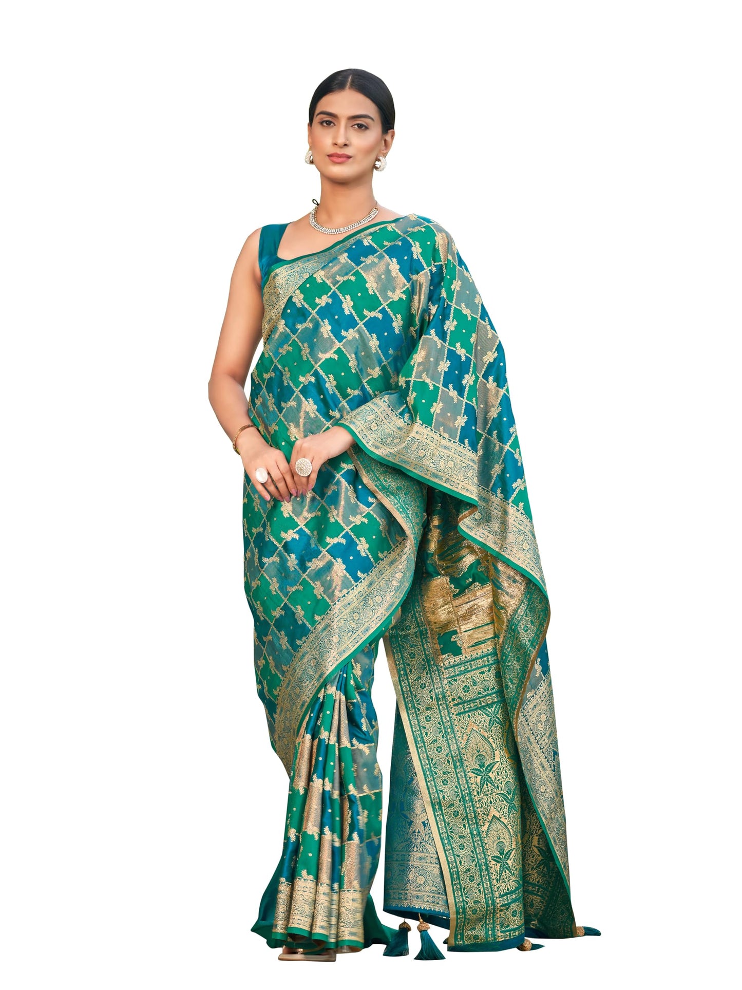 MANOHARI Women's Most Trendy Banarasi Satin Silk Woven Turquiose Blue Saree With Heavy Jacquard Work Saree With Blouse Piece_MN2051