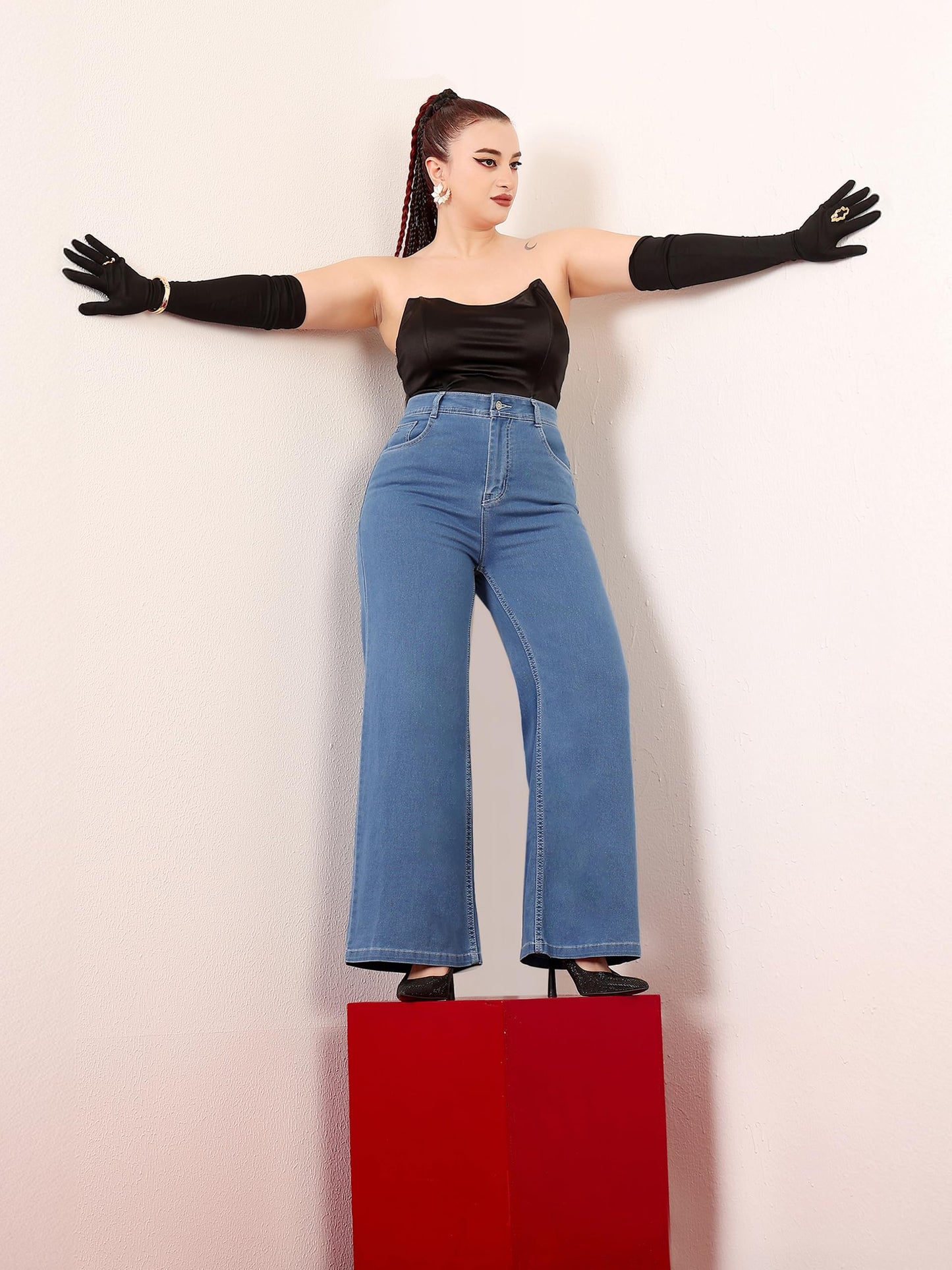 Miss Chase A+ Women's Wide Leg High Rise Regular-Length Stretchable Denim Jeans (APSS23DEN12-53-886-28, Indicolite Blue, 28)