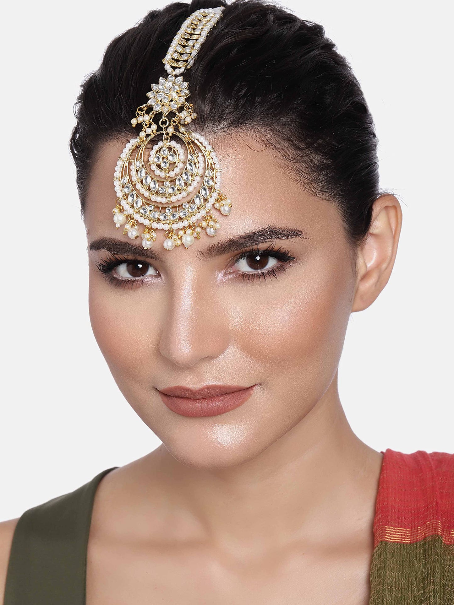 Peora Gold Plated Wedding Kundan White Pearl Maang Tikka for Women