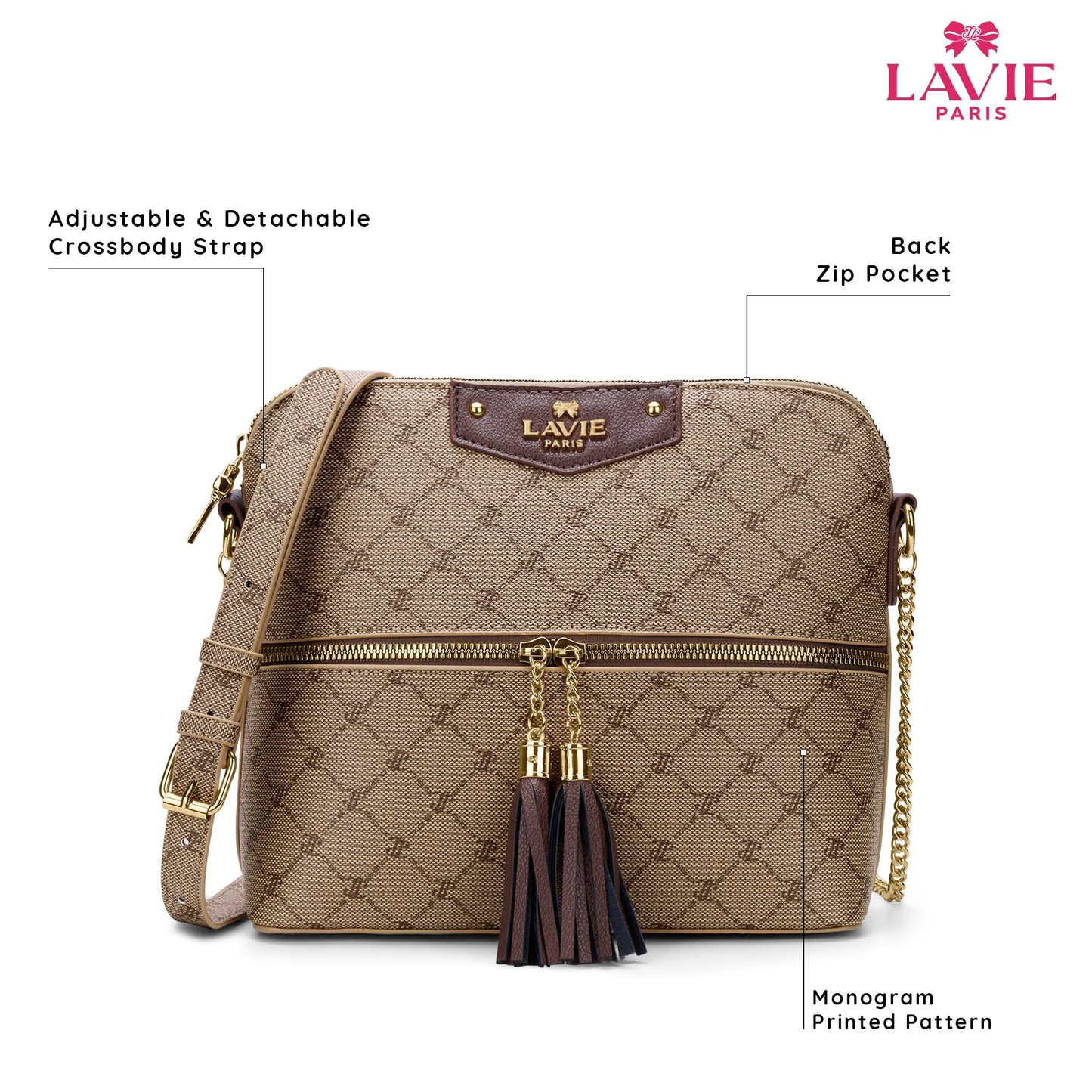 LAVIE PARIS Women's Alfie Tassel Monogram Crossbody Sling Bag | Ladies Purse Handbag | Gift for Women
