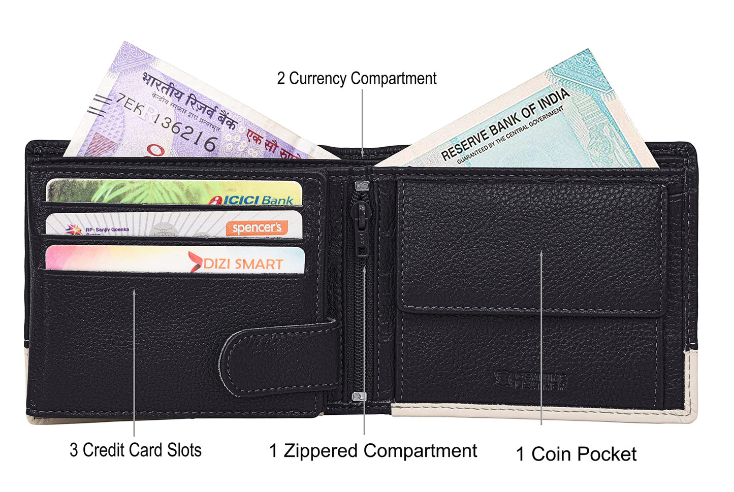 URBAN FOREST Saul Nappa Black/Sand Leather Wallet, Black Pen & Keychain Combo Gift Set for Men