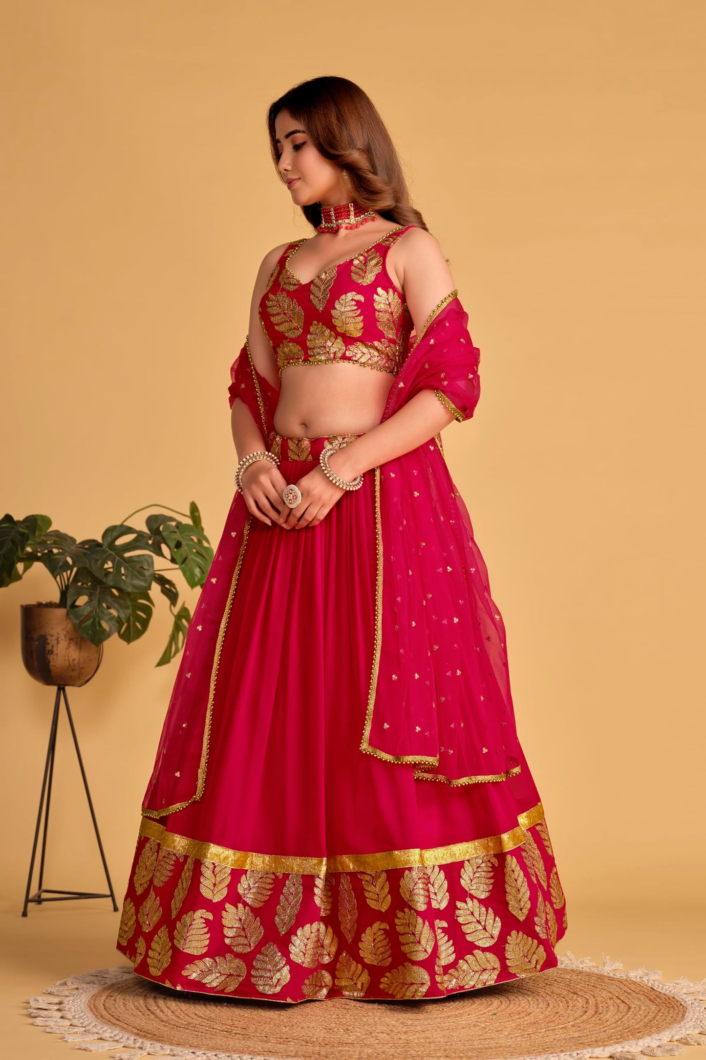 Fashion Basket Pink Georgette Jacquard Lehenga Choli for Women