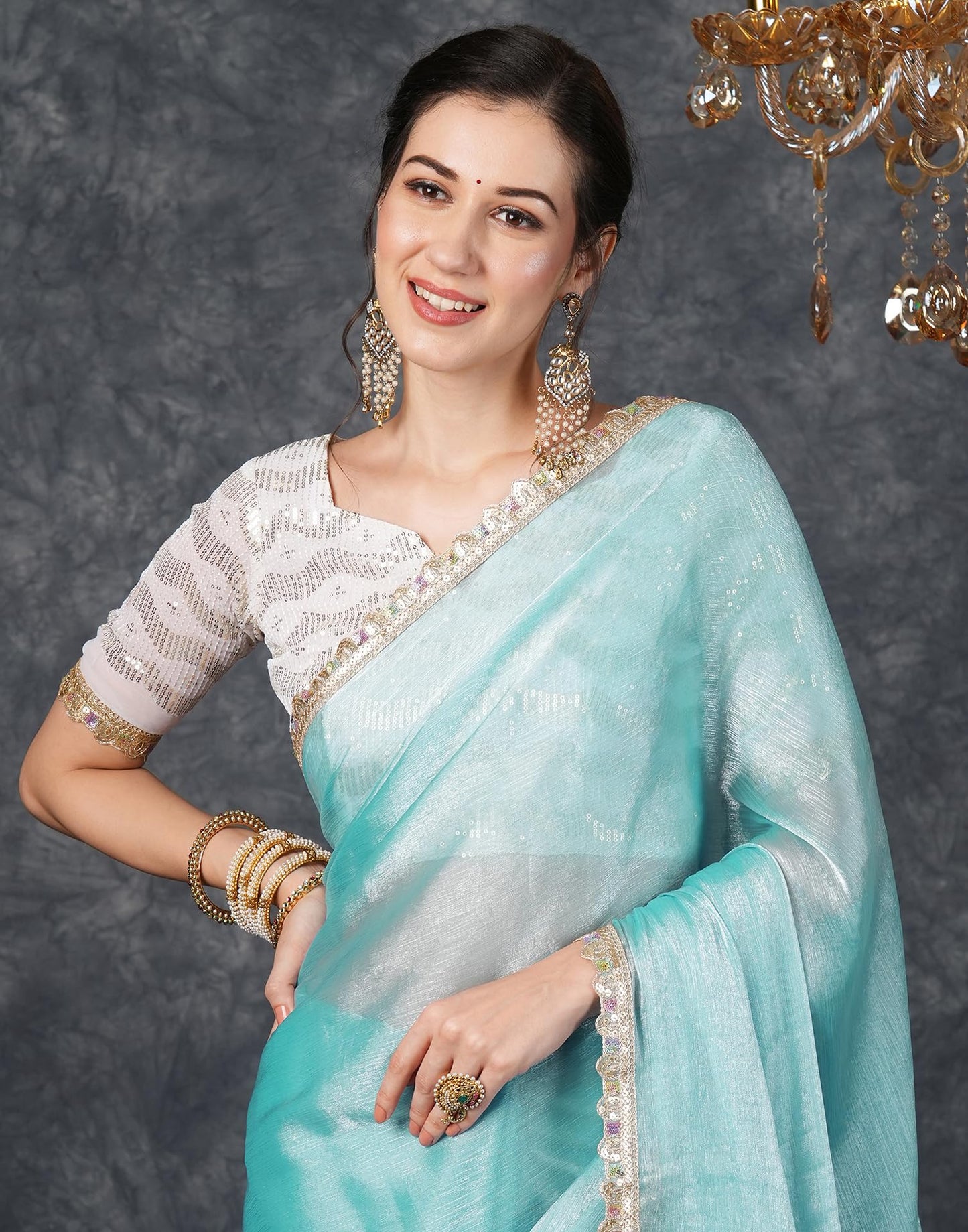 SIRIL Women's Chiffon Temple Border Saree With Unstitched Blouse (3799S281_Blue)