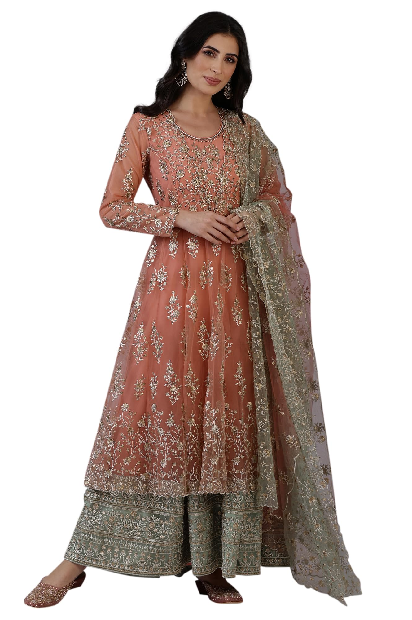 W for Woman Peach and Green Ombre Heavy Metallic Embroidered Layered Dress and Dupatta Set (Size: M)-24AUSP11987-400734