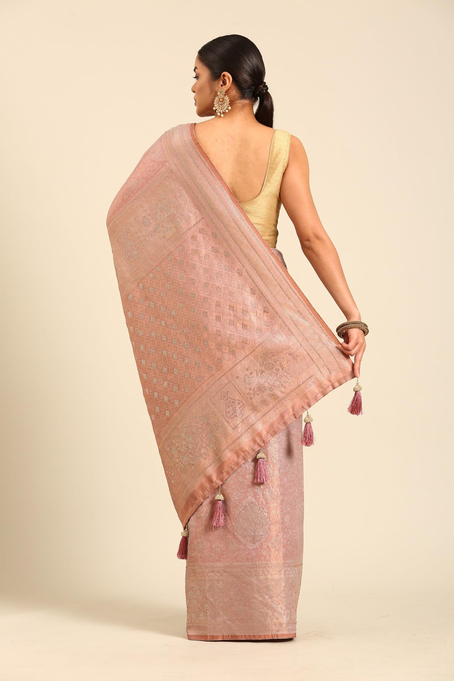 MOHEY Women's Art Silk Stone Work|Zari Saree (Dusty Pink)