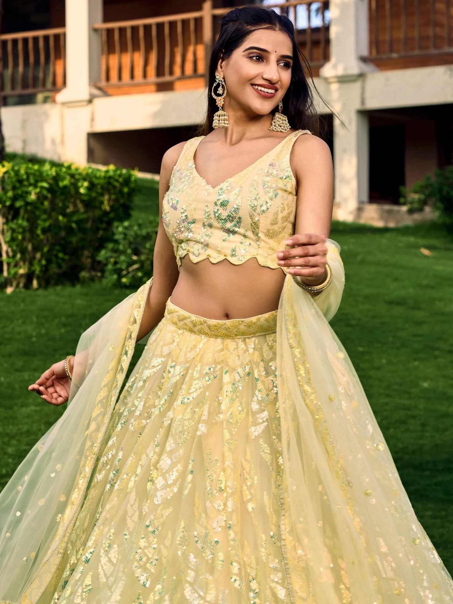 Zeel Clothing Women's Sequins Embroidered Net Semi-Stitched Lehenga and Choli Set (5101-Yellow-Womens-Lehenga-Choli-Latest; Free Size)