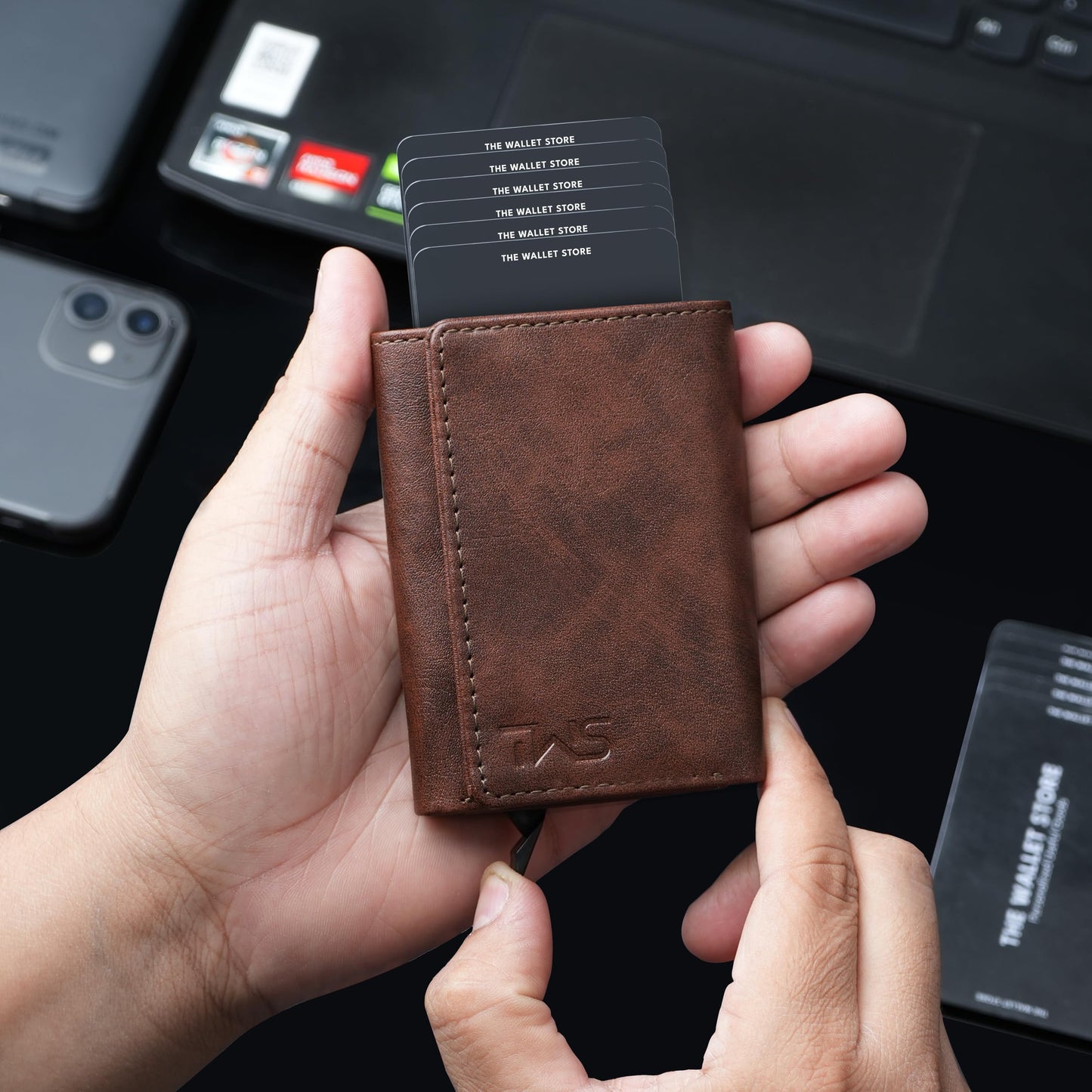 The Wallet Store Maverick RFID Protected Minimalist Wallet, Pop-Up Cardholder, Scan-Proof Aluminium Case, Holds 8 Credit/Debit Cards, Slim Men’s Wallet (Brown-D)
