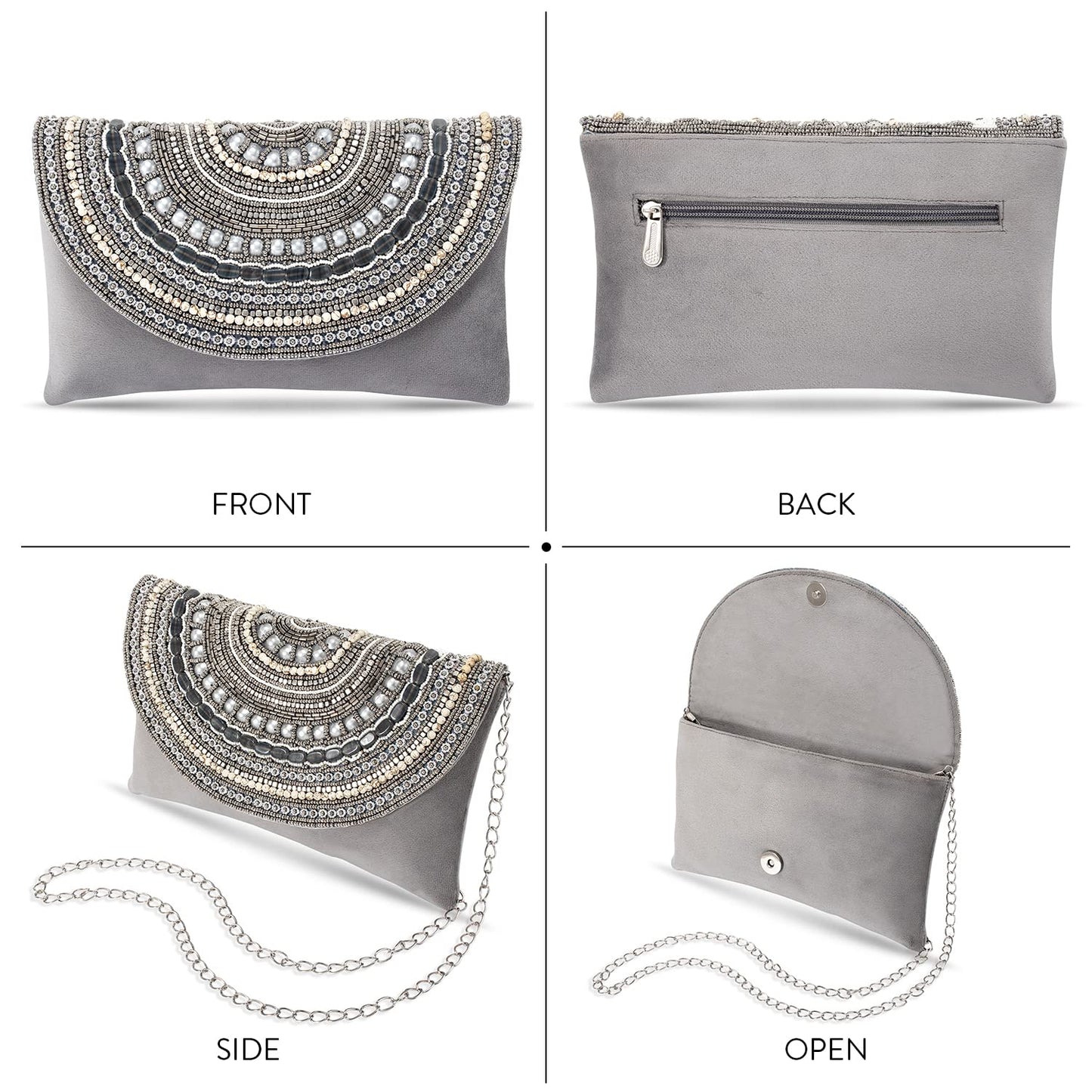 Peora Clutch Purses for Women Wedding Handmade Evening Handbags Party Bridal Clutch (C12GRY) Grey