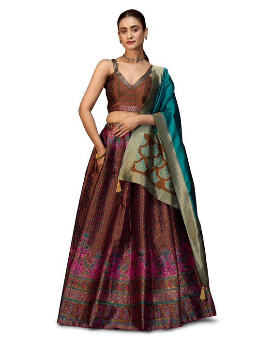 PURVAJA Women's Kanjiwaram Semi-Stitched Lehenga choli (Saaya-Brown_Free Size)
