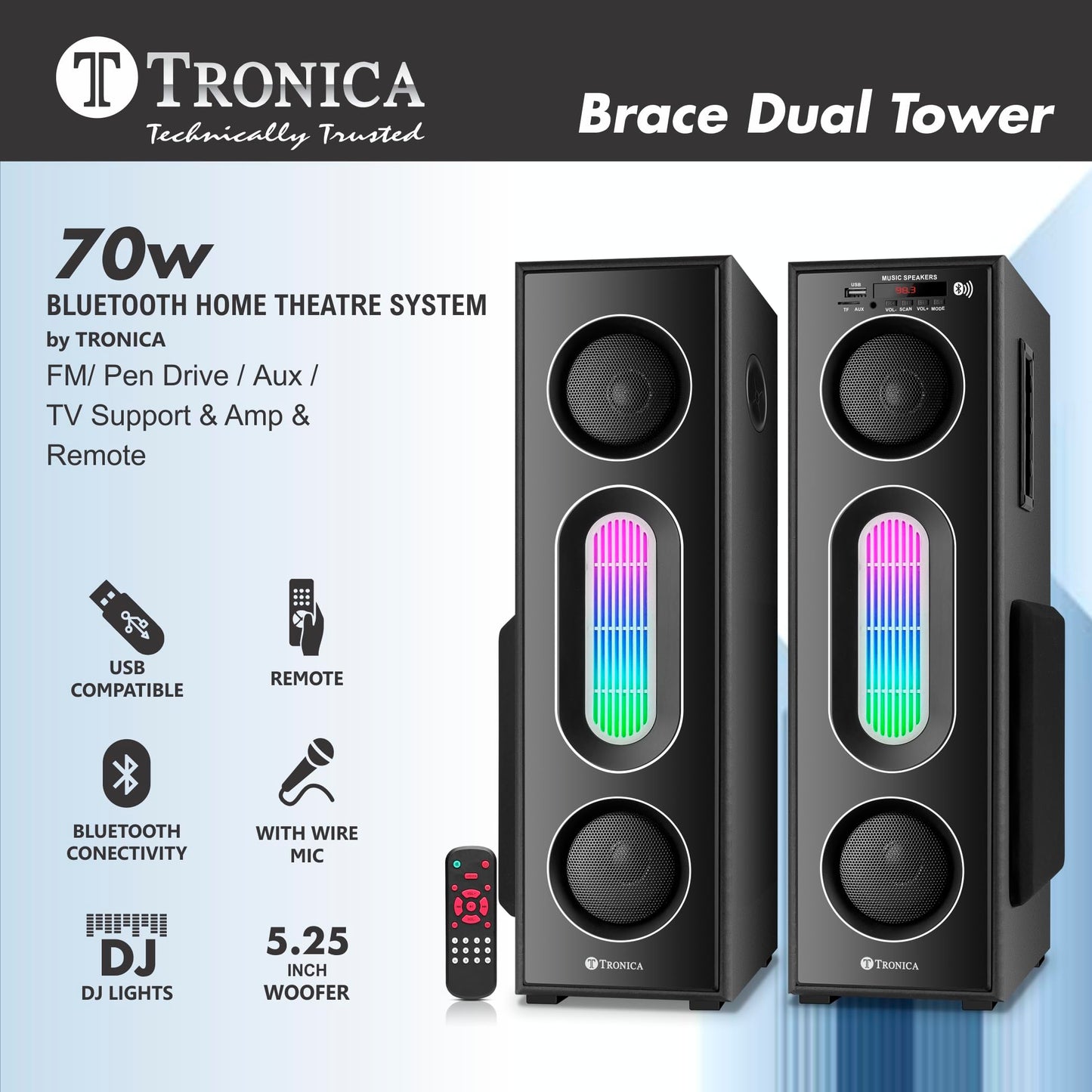 Tronica Brace Dual Tower Bluetooth 70w Home Theater System by TRONICA with FM/Pendrive/Aux/TV Support & Remote with Wireless Mic