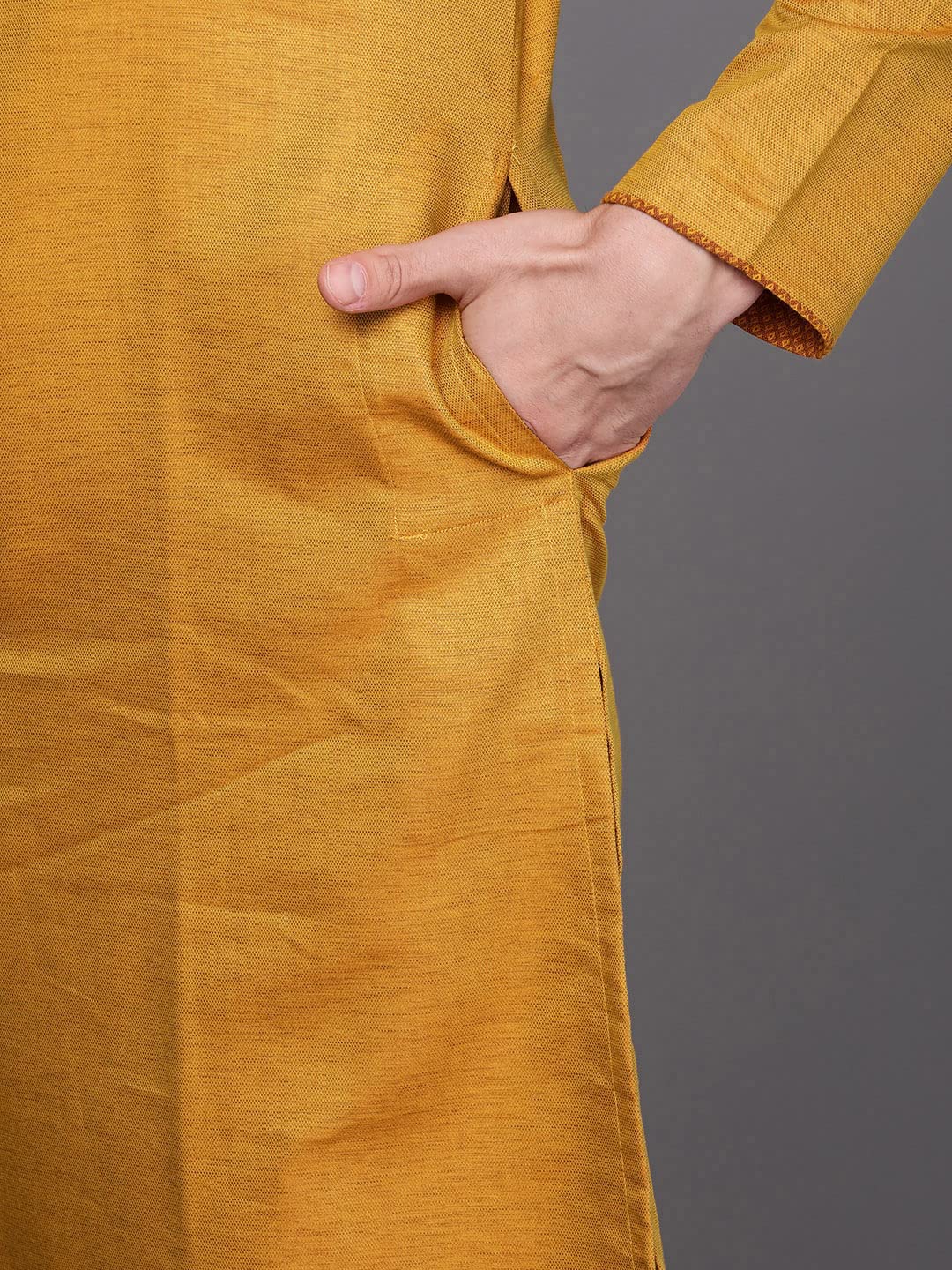 Manyavar Men's Kurta, Full Sleeves Mandarin Collar Ethnic Knee Length Kurta Only, Kurta for Festival, Wedding, Party & Anniversary, Blended Cotton (Mustard, L)