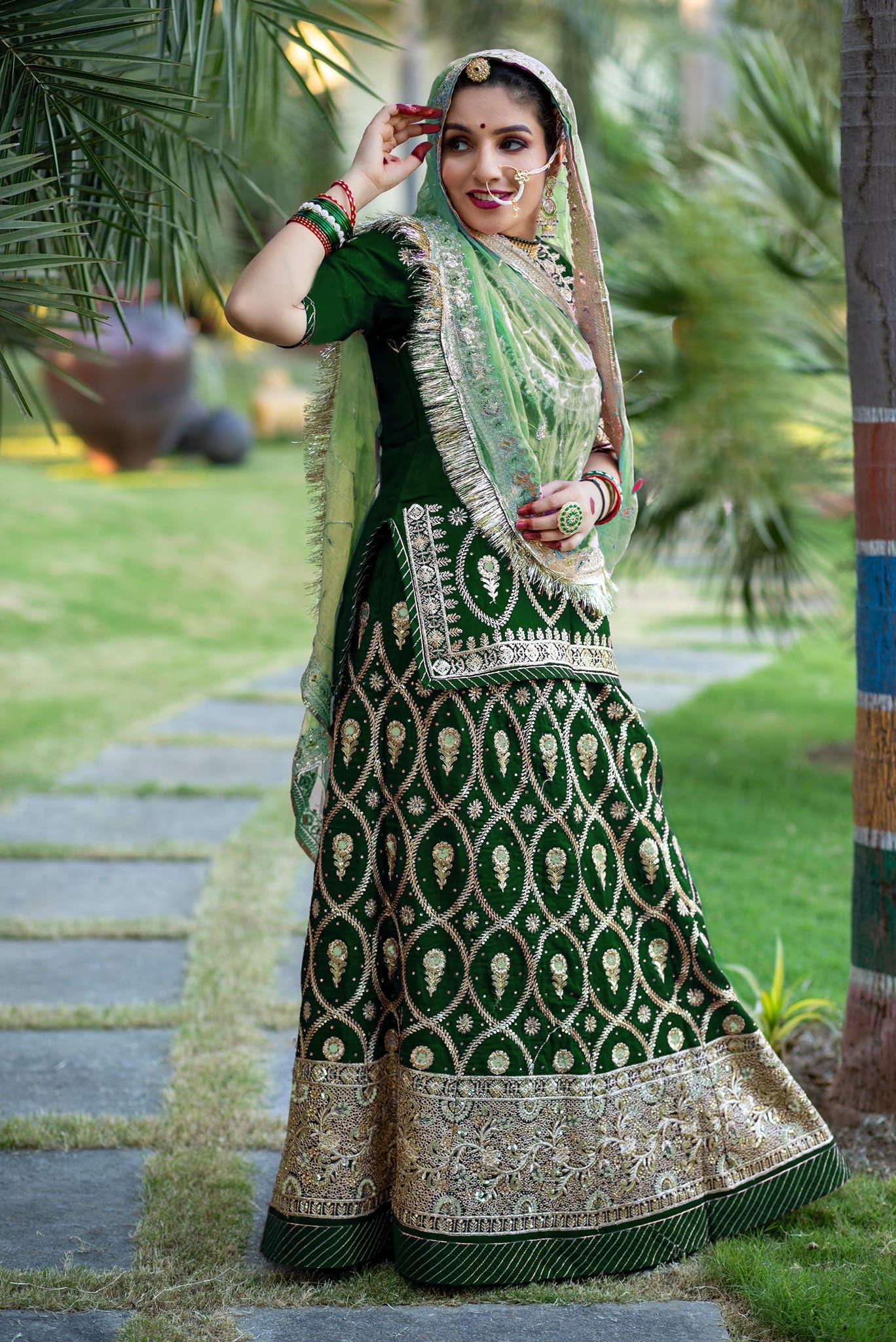 SHYAMLATA Latest Heavy Embroidery Work Semi Stitched Shimmer Silk Rajputi Poshak For Women Rajasthani Lehenga Choli (Green E)