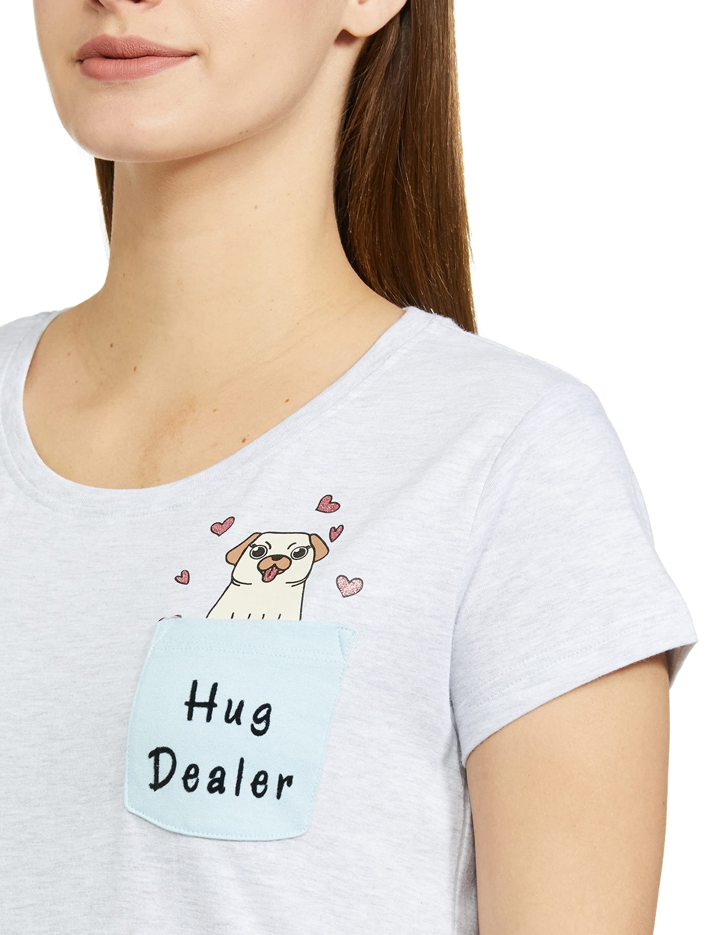 Max Women Printed Round Neck T-Shirt with Elasticated Pyjama,Grey Melange,M