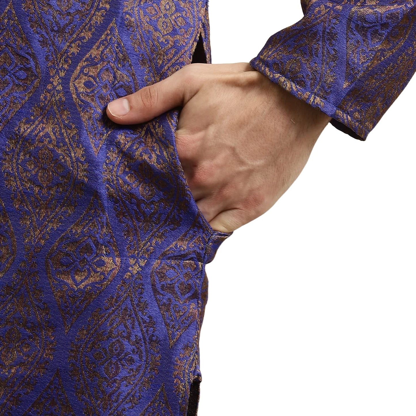 SOJANYA (Since 1958 Men's Jacquard Silk Blue & Gold Kurta & Off-White Churidar Pyjama Set Size 42