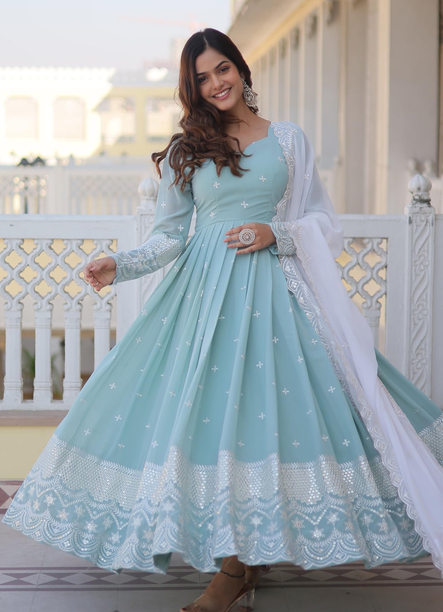 Fashion Basket Blue Women's Faux Georgette Anarkali Gown with Dupatta (Large)
