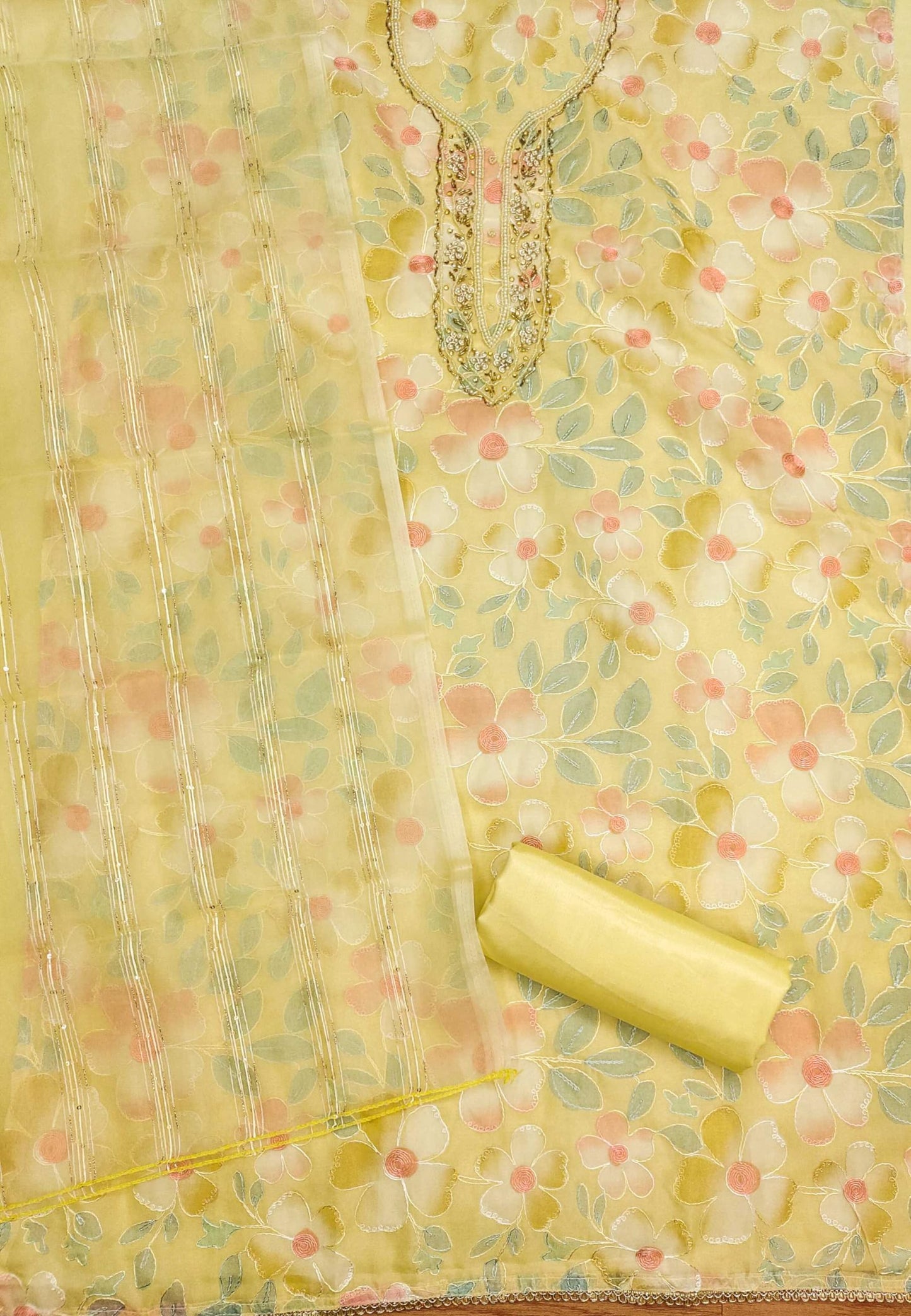 Pandadi Saree Women's Tabby Organza Position Printed Dress Material (Yellow1)