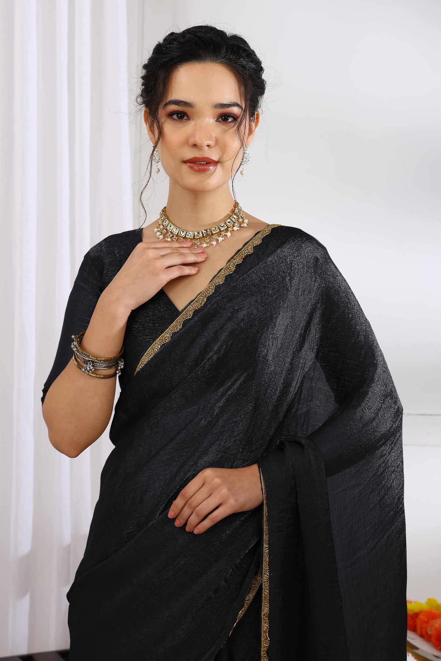 Subham Women's Silk Blend Hand Work Embellished Saree with Blouse Piece (60434 - Black)