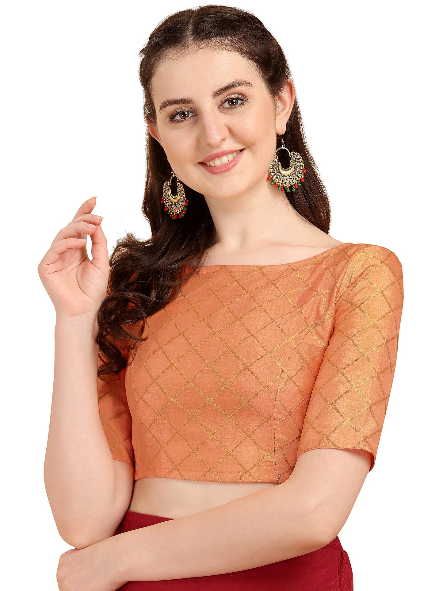 OOMPH! Women's Art Silk Checkered Half Sleeve Blouse (rbbl68l_Salmon Red_L)