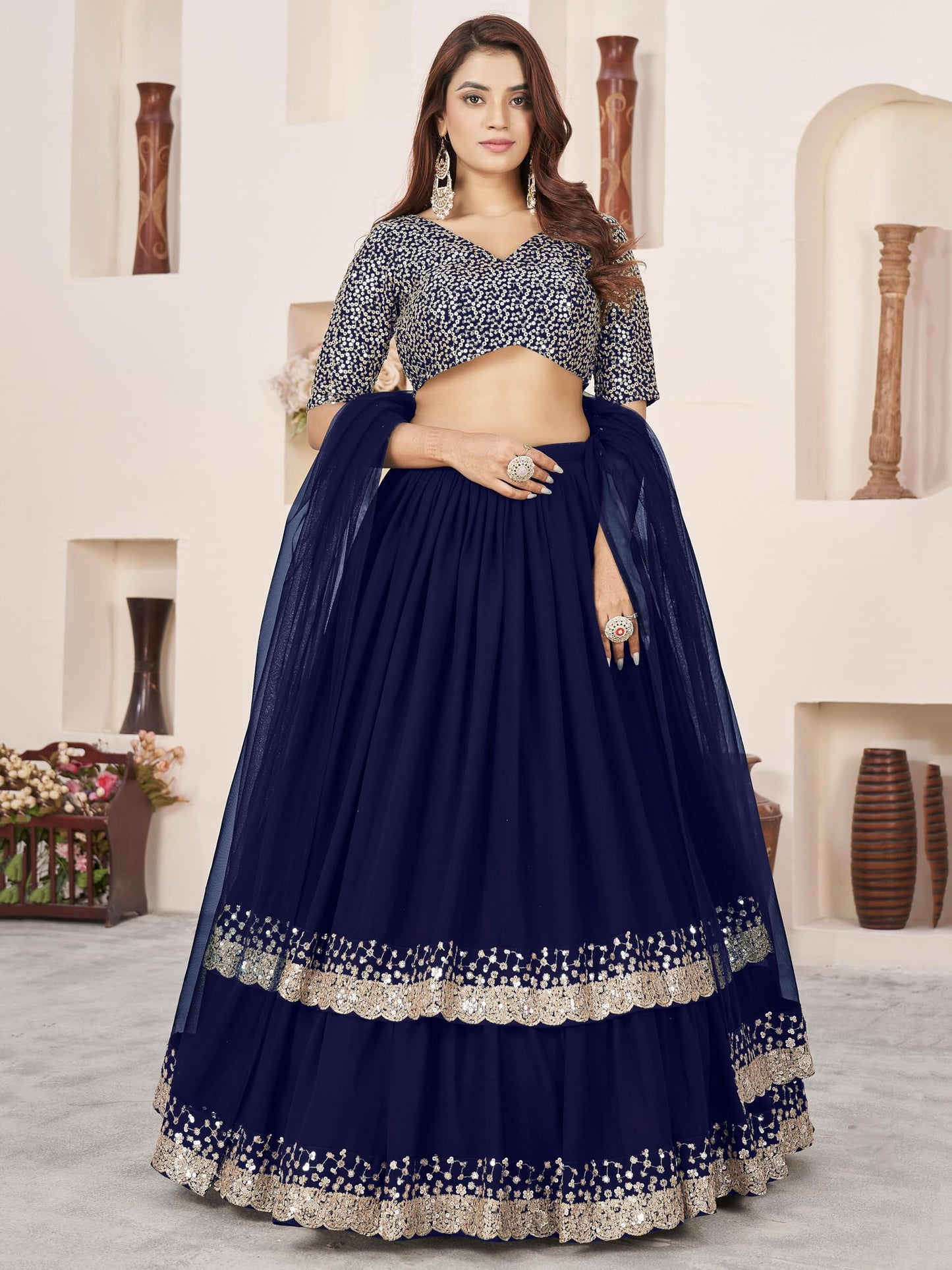 Zeel Clothing Women's Sequins Embroidered Georgette New Lehenga Choli with Dupatta (5066-Blue-Womens-Lehenga-Choli-Latest; Free Size) (Blue)