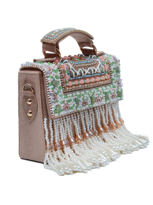 THE TAN CLAN Kiara Beige Flap Over Bag Clutches for women Purses Luxury Evening Handbags for ladies with Handle