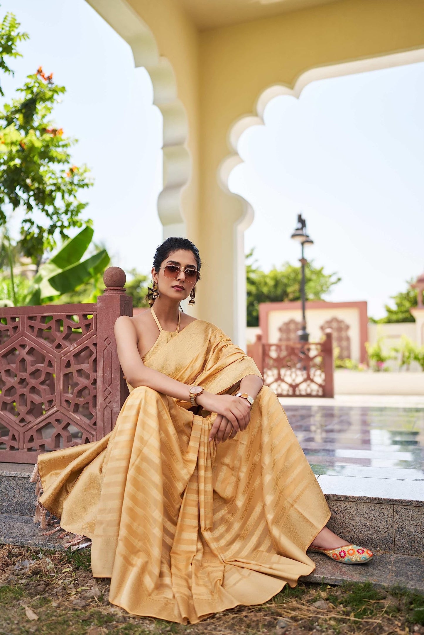 Women Banarasi Georgette Woven Work Half & Half Saree For Women With Gold Zari Border & Unstitched Blouse Piece, Vritika