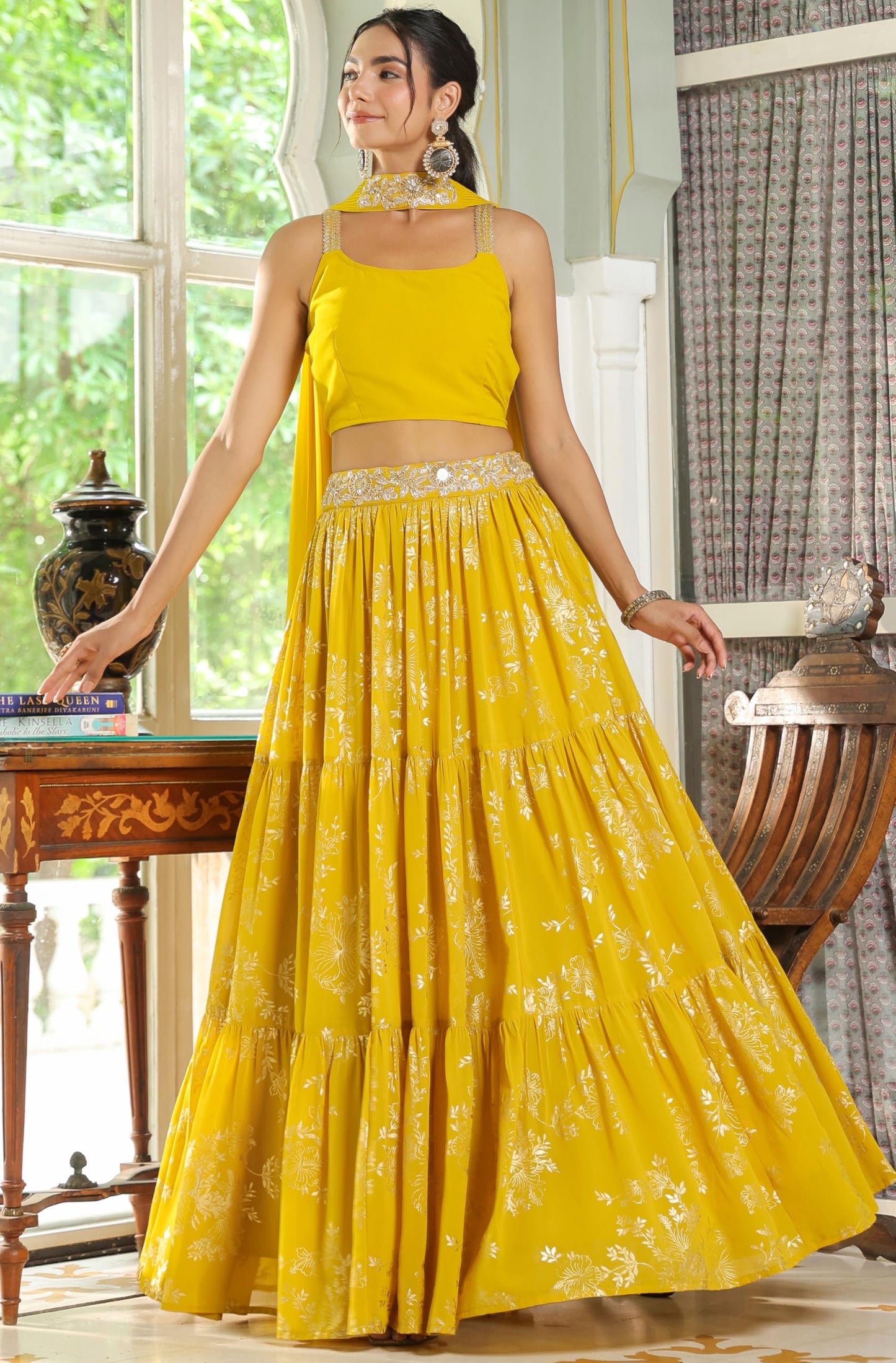Janasya Women's Yellow Georgette Embellished Foil Printed Tiered Lehenga Choli Set (JAB24LC00481-A-XXL)