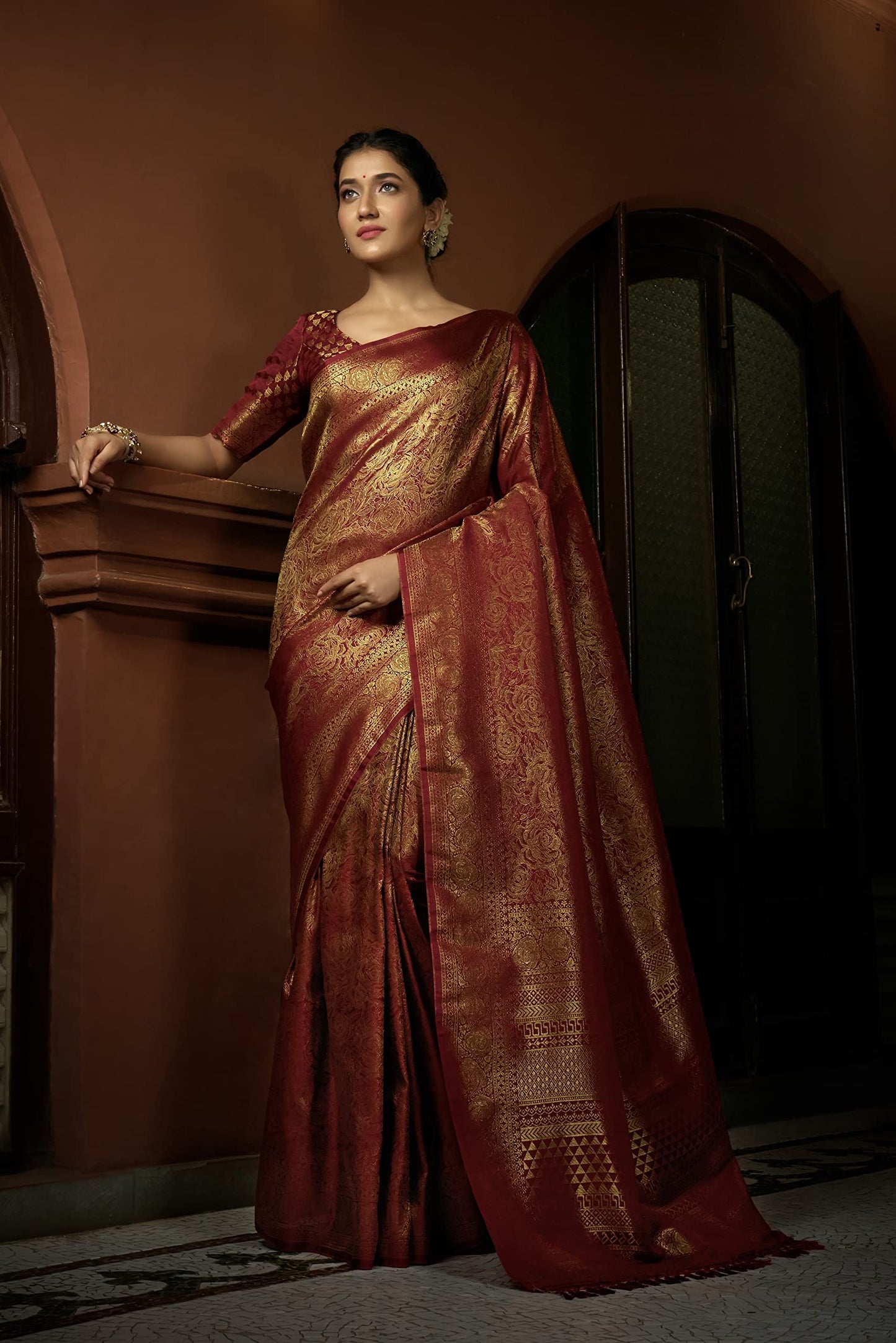 Vardha Women's Kanchipuram Art Silk Saree with Unstitched Blouse Piece - Zari Woven Work Sarees for Wedding (Asya Silk, 393, Maroon)