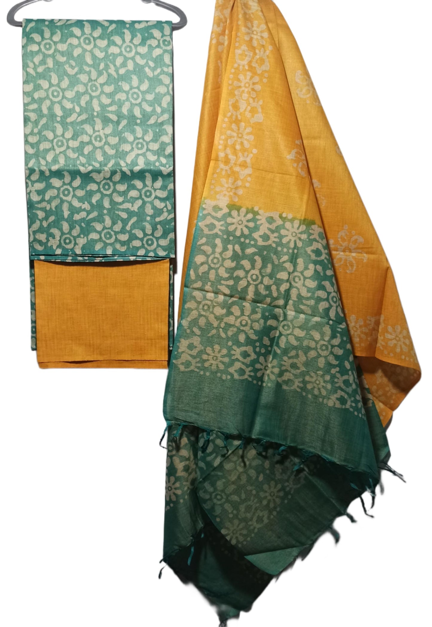 STB-SILK TEXTILES BHAGALPUR Women's Bhagalpuri Cotton Silk Batik Print Unstitched Salwar Suit Dress Material With Dupatta | Women's Dress Material For Girls (Green16)