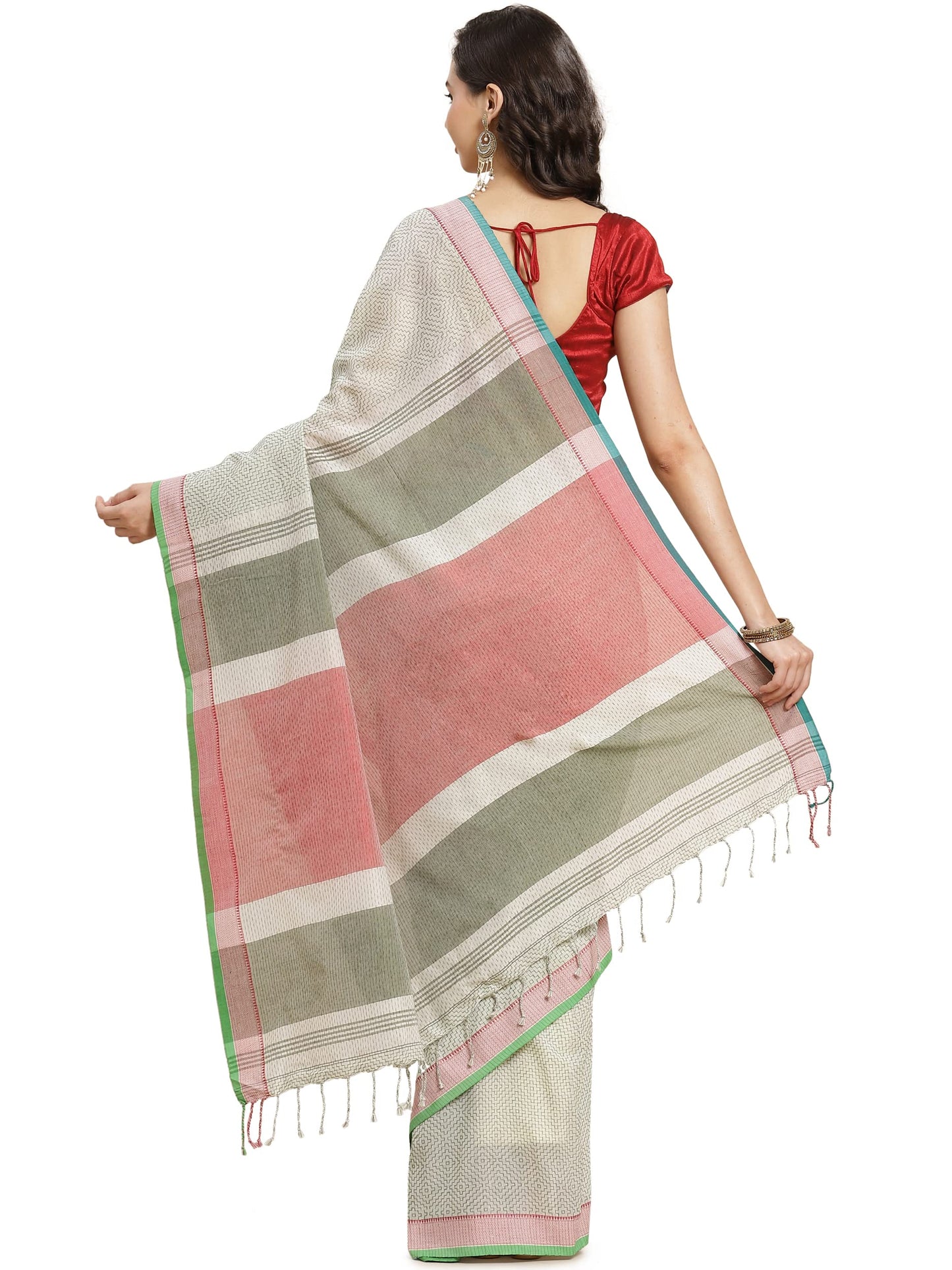 Aditri Women's Handloom Khadi Cotton Saree with Running Blouse (Multicolored)