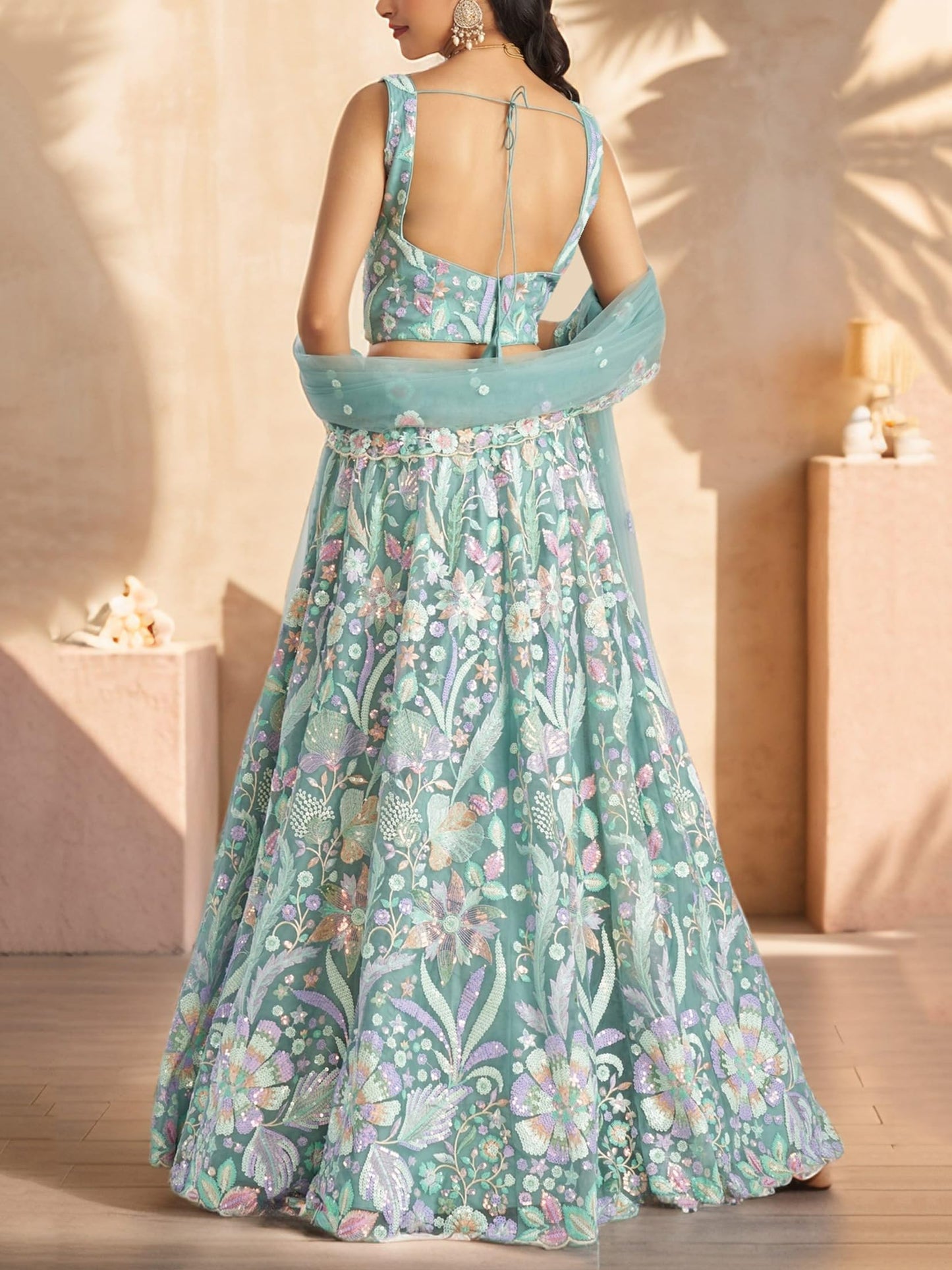 Zeel Clothing Women's Sequins Embroidered Work Soft Net Lehenga Choli With Dupatta (6020-Women-Lehenga-Choli-Latest; Free size) (White) (SkyBlue)