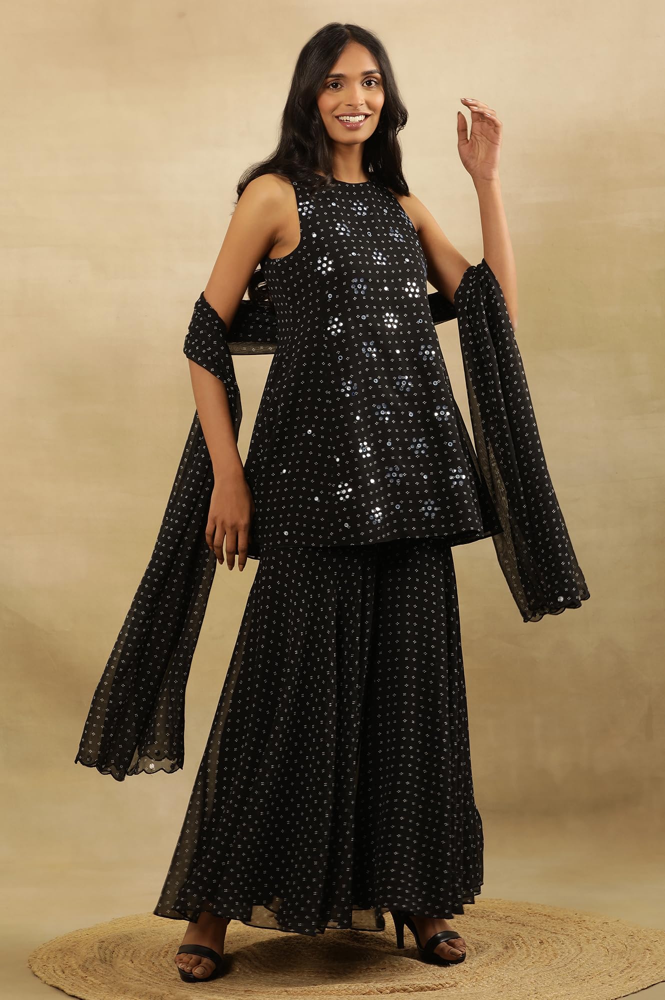 W for Woman W Women Black Festive Geometric Print Georgette Kurta Set, Sharara & Dupatta_24FEWS10619-123035_3XL