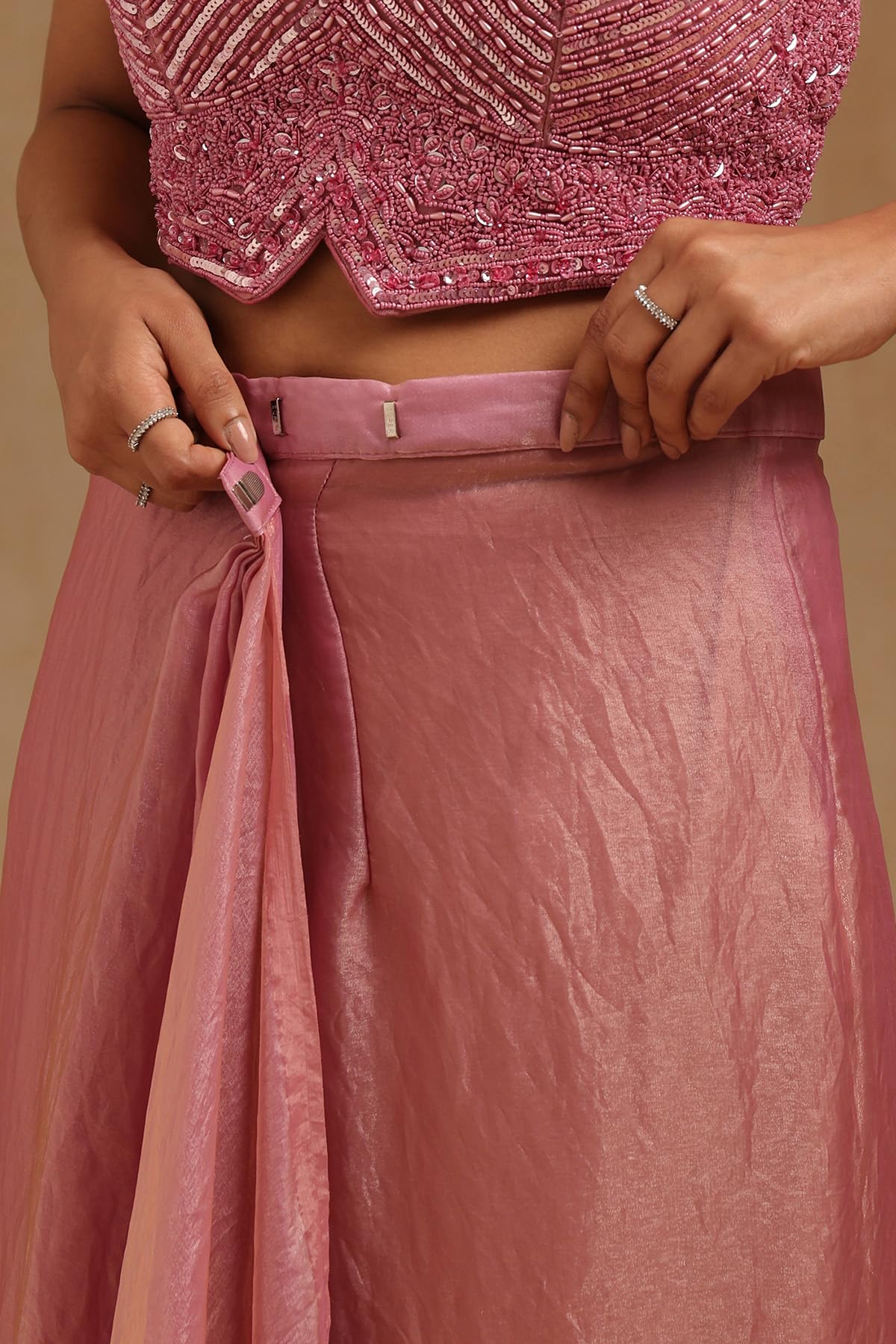 Soch Womens Onion Pink Organza Solid Ready To Wear Saree