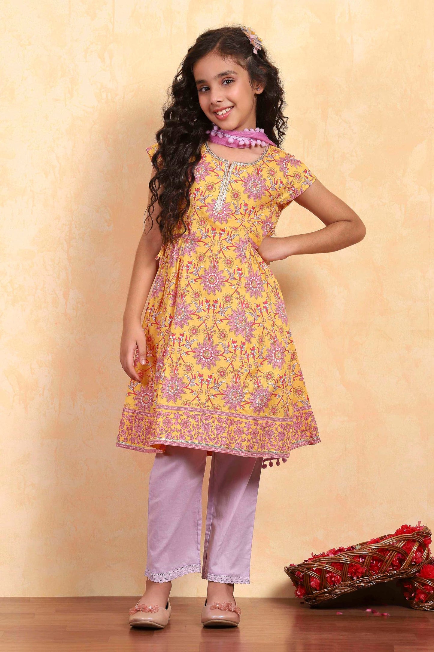 Biba Girl's Yellow Cotton Flared Printed Suit Set