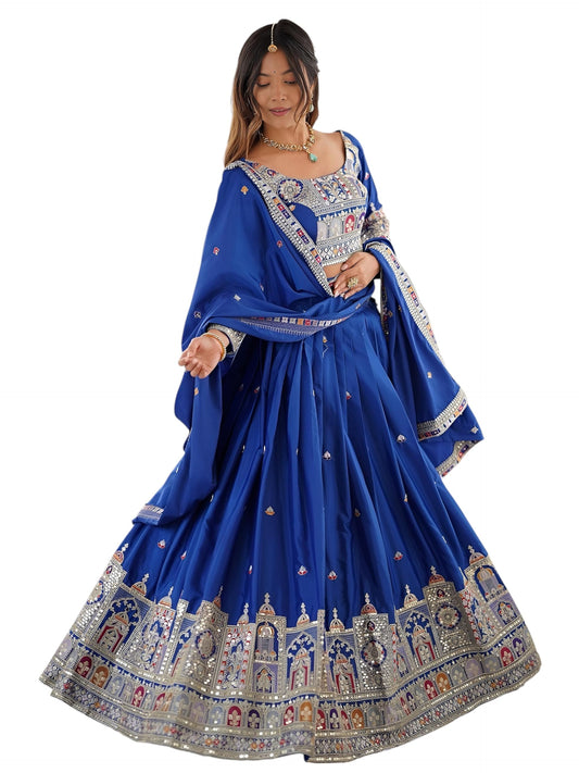Zeel Clothing Women's Sequins Thread Embroidered French Crepe Lehenga Choli With Dupatta (5118-Royal-Blue-Women-Lehenga-Choli; Free size) (Royal Blue)