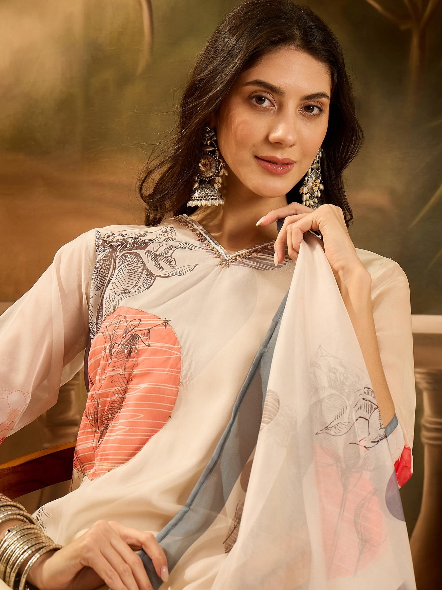 Stylum Women's Printed & Embroidered Soft Organza Straight Kurta Pant Dupatta Set