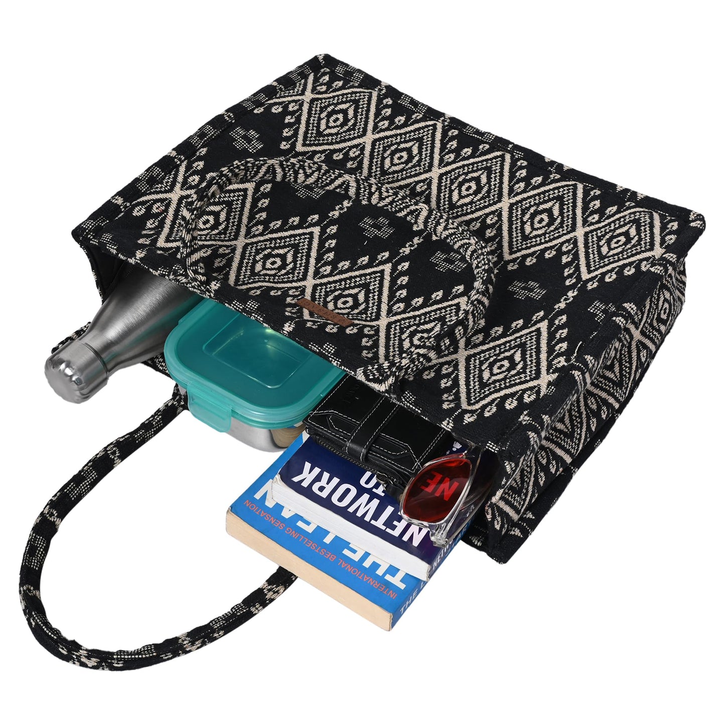 ENSAC Cotton Jacquard Tote Bag for Women, Stylish Handbag for women with Zip Closure | Fit for Office Bag, College, Travel Use | Handcrafted in India